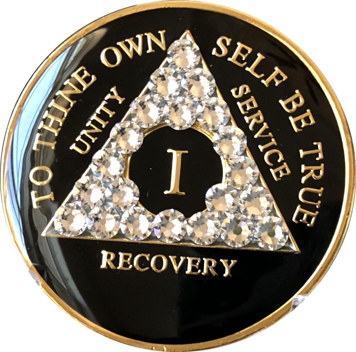 1 Year AA Medallion Black Tri-Plate Color Crystal Diamond Like Sobriety Chip