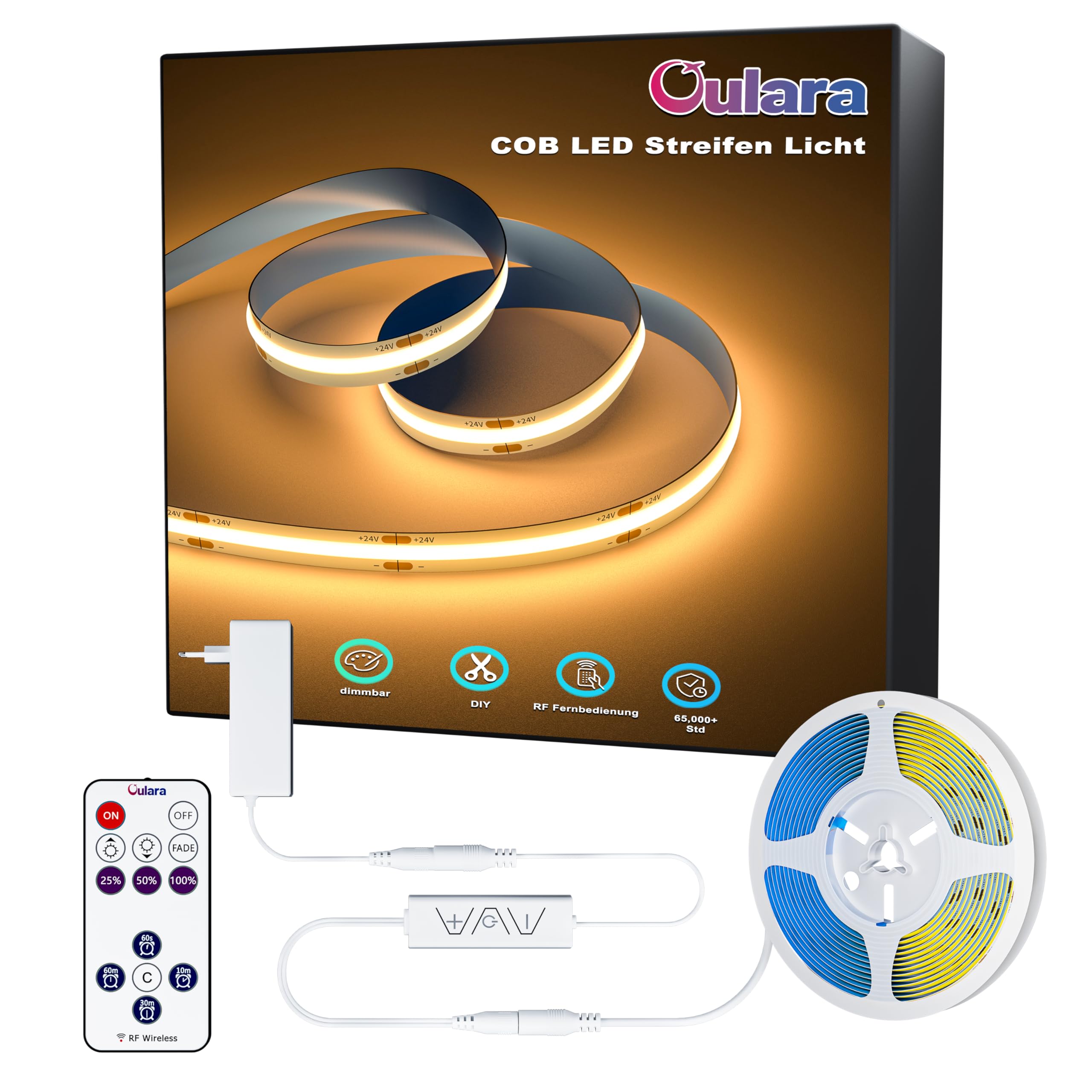 OULARA Tira LED COB 10M blanco cálido 2700K,Regulable 24V LED tira luces con RF Remoto y Alimentación,CRI90+ Flexible led Strip light para decoración del hogar,Función de Temporizador