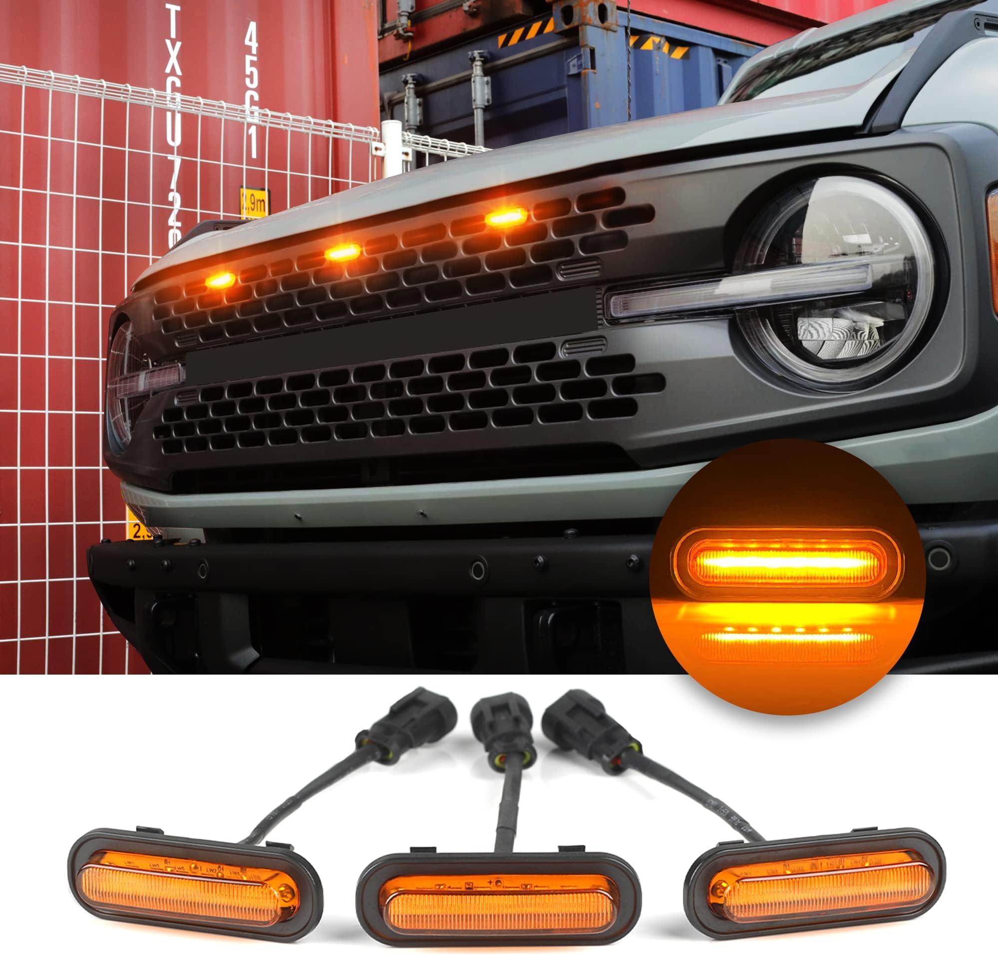 3 Pcs Front LED Grill Lights Compatible with Ford Bronco Accessories 2021 2022 2023 2/4 Door Badlands Wildtrak Everglades & First Edition Amber OEM Grille Lamps Kit with Fuse & Wiring Harness