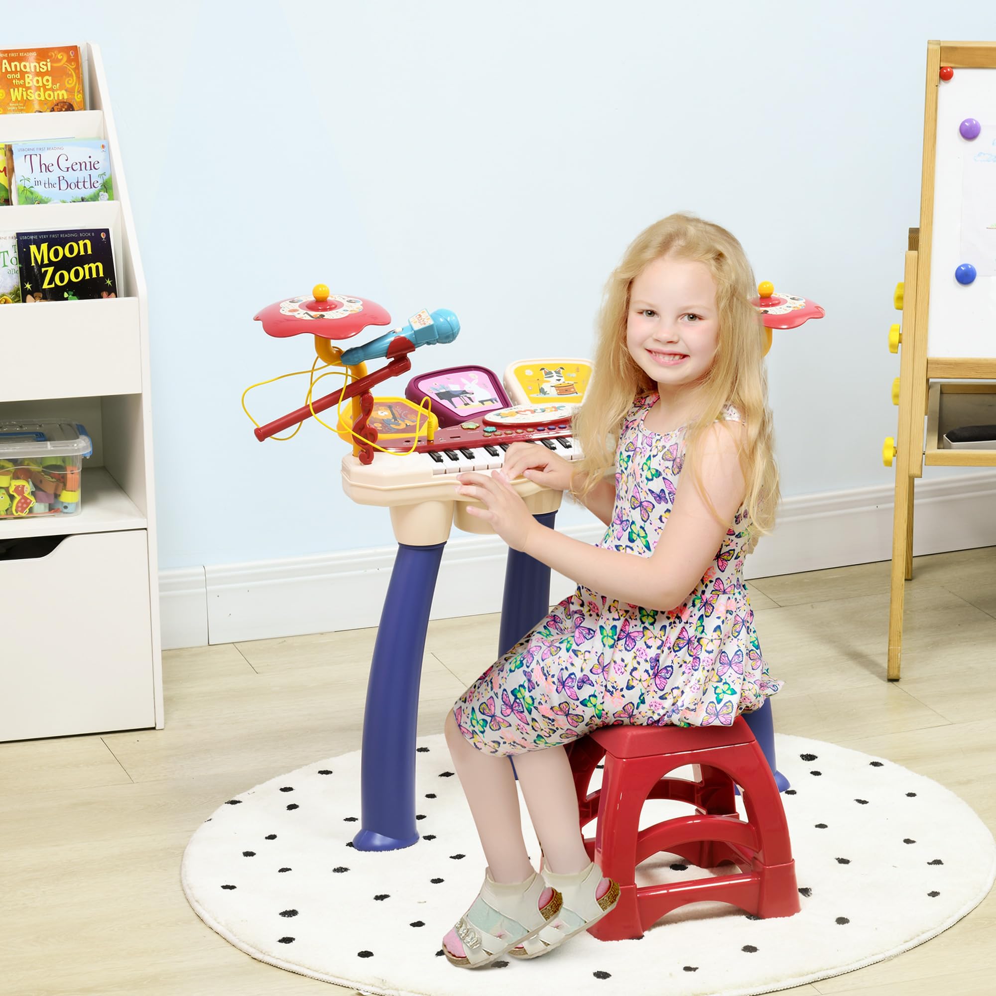AIYAPLAY Piano Electrónico Infantil Piano para Niños 2 en 1 con 32 Teclas Batería Taburete Micrófono 19 Canciones y Volumen Ajustable 74x32,2x71 cm Multicolor