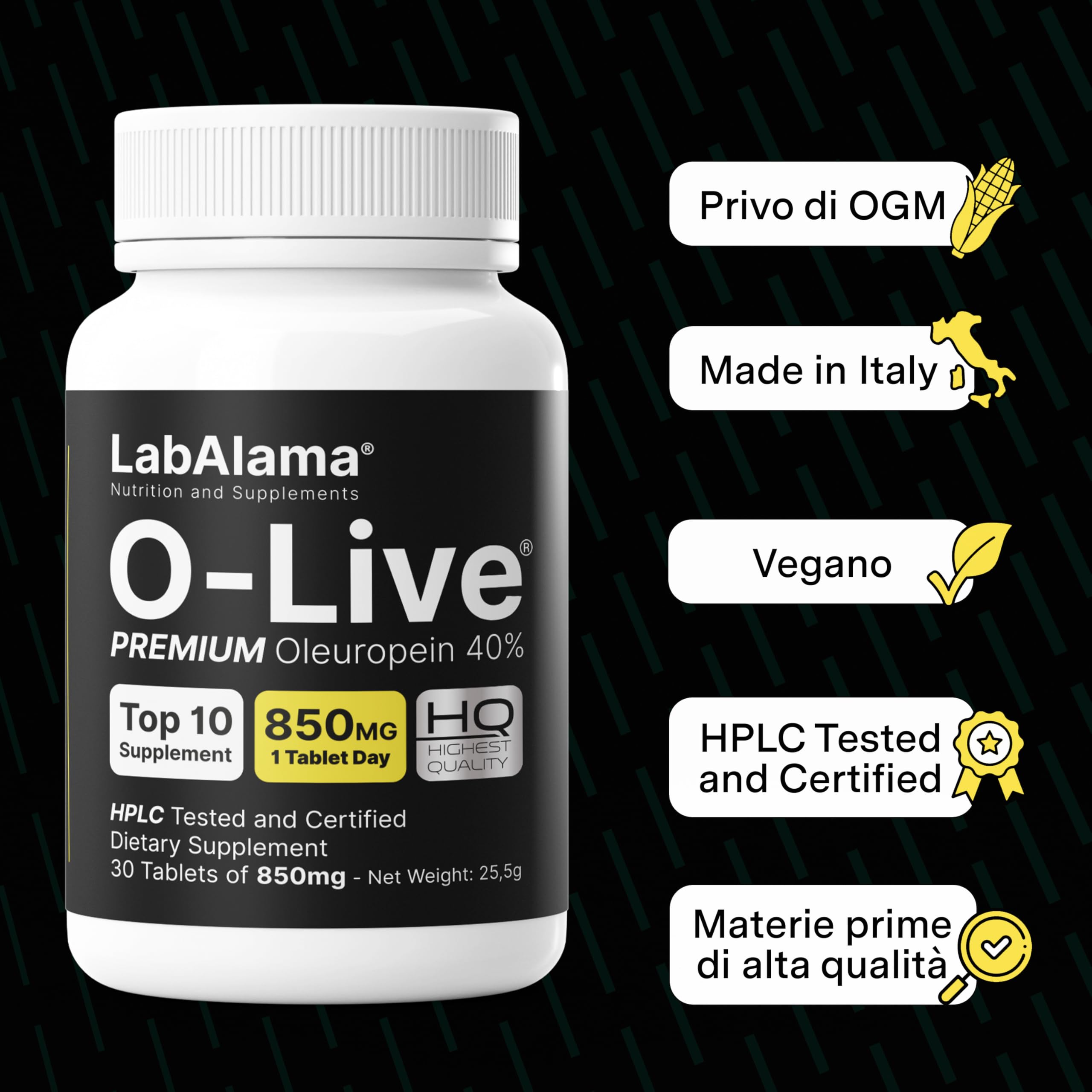 OLIVE Integratore antiossidante a base dei polifenoli Oleuropeina 40% e Idrossitirosolo 20%. Favorisce metabolismo di carboidrati e lipidi. 30 compresse da 850 mg (1 Confezione)