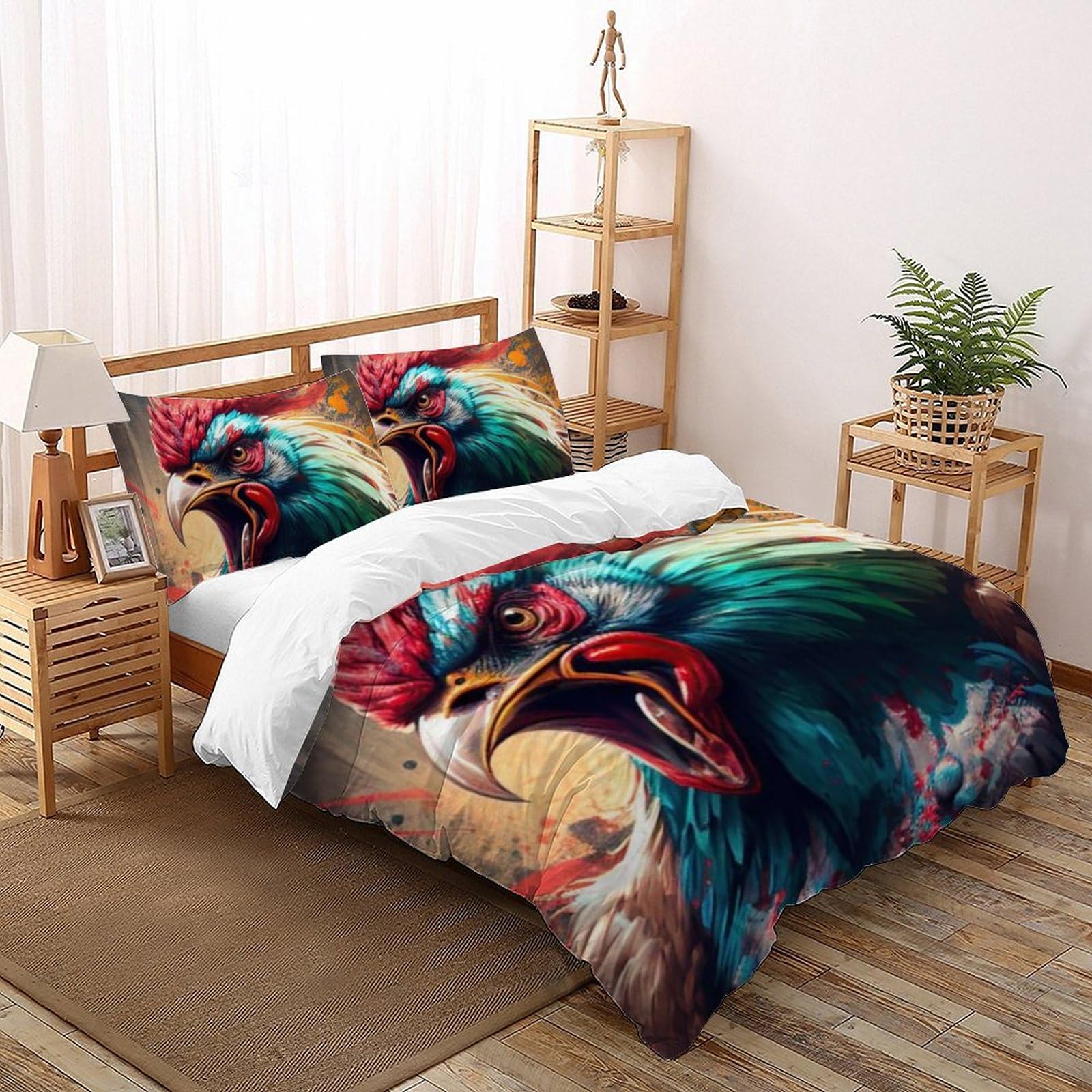 Housse de couette double Poulet 200x200cm en microfibre douce avec deux taies d'oreiller