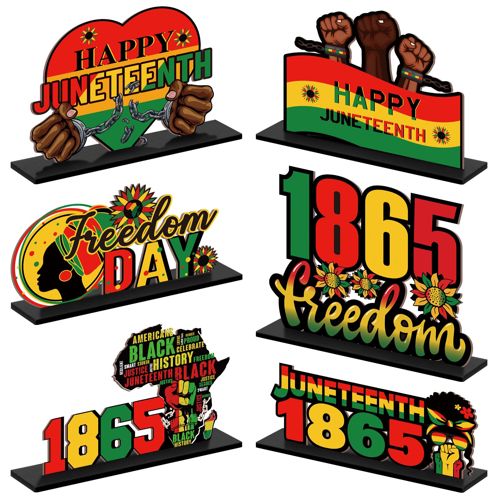 Suzile 6 Pieces Juneteenth Table Decorations Black History Month Wooden Centerpieces for Table 19th June 1865 African American Freedom Day Topper Sign