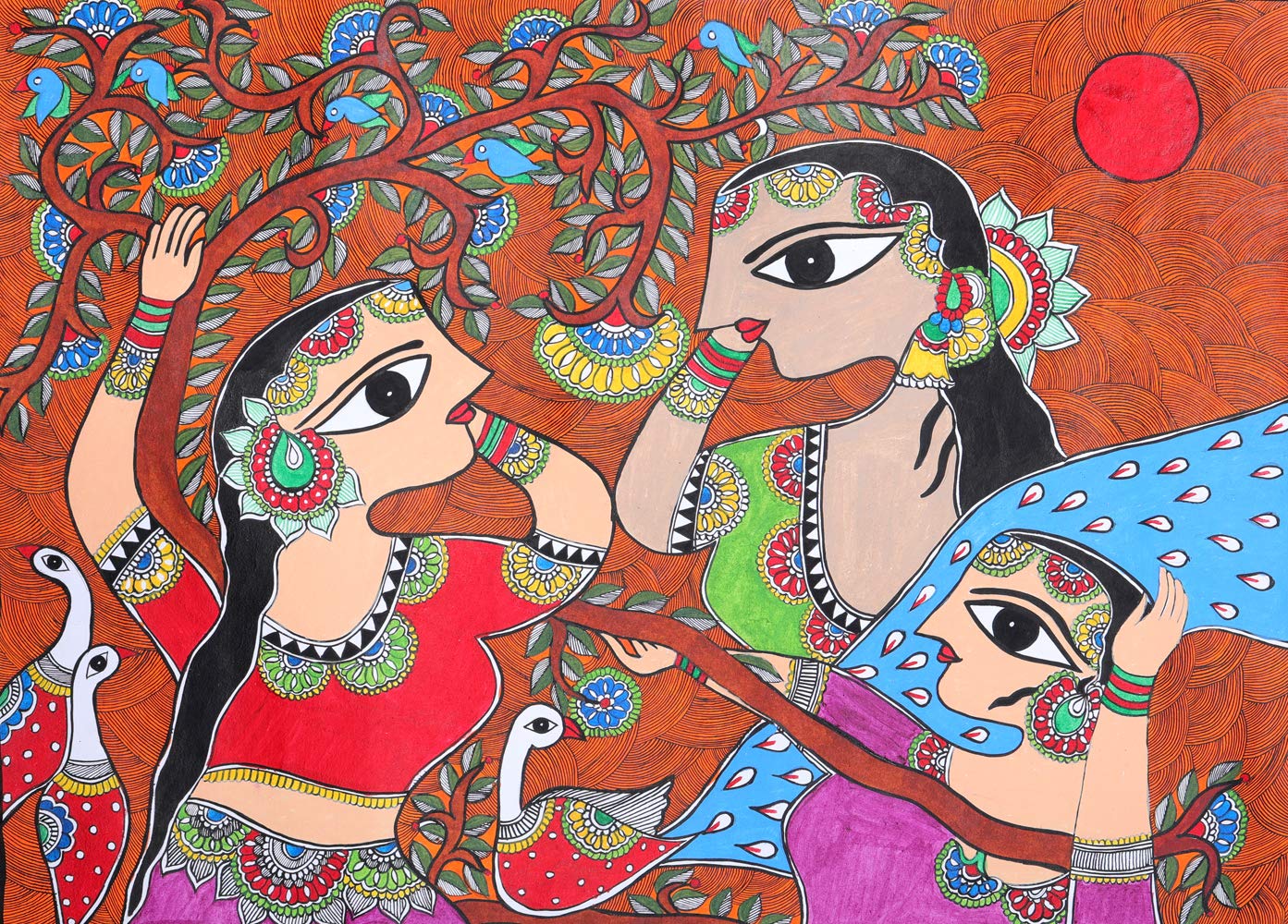 Peinture Madhubani cadeau culturel art indien Gopis Krishna Lila