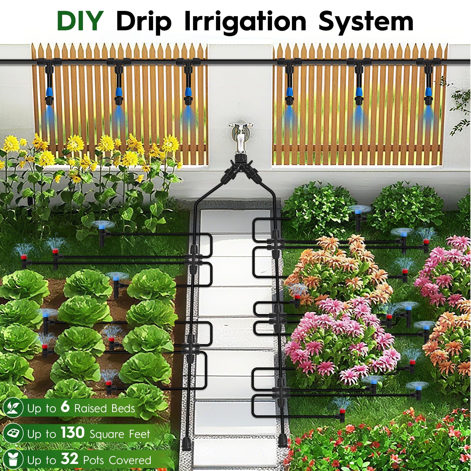 200FT Quick-Connect Tropfbewässerungssystem, automatisches Bewässerungs-Set mit 1 cm und 160 FT 0,6 cm Schlauch und verstellbaren Tropfstrahlern, Gartenbewässerungssystem für Rasen, Blumenbeet