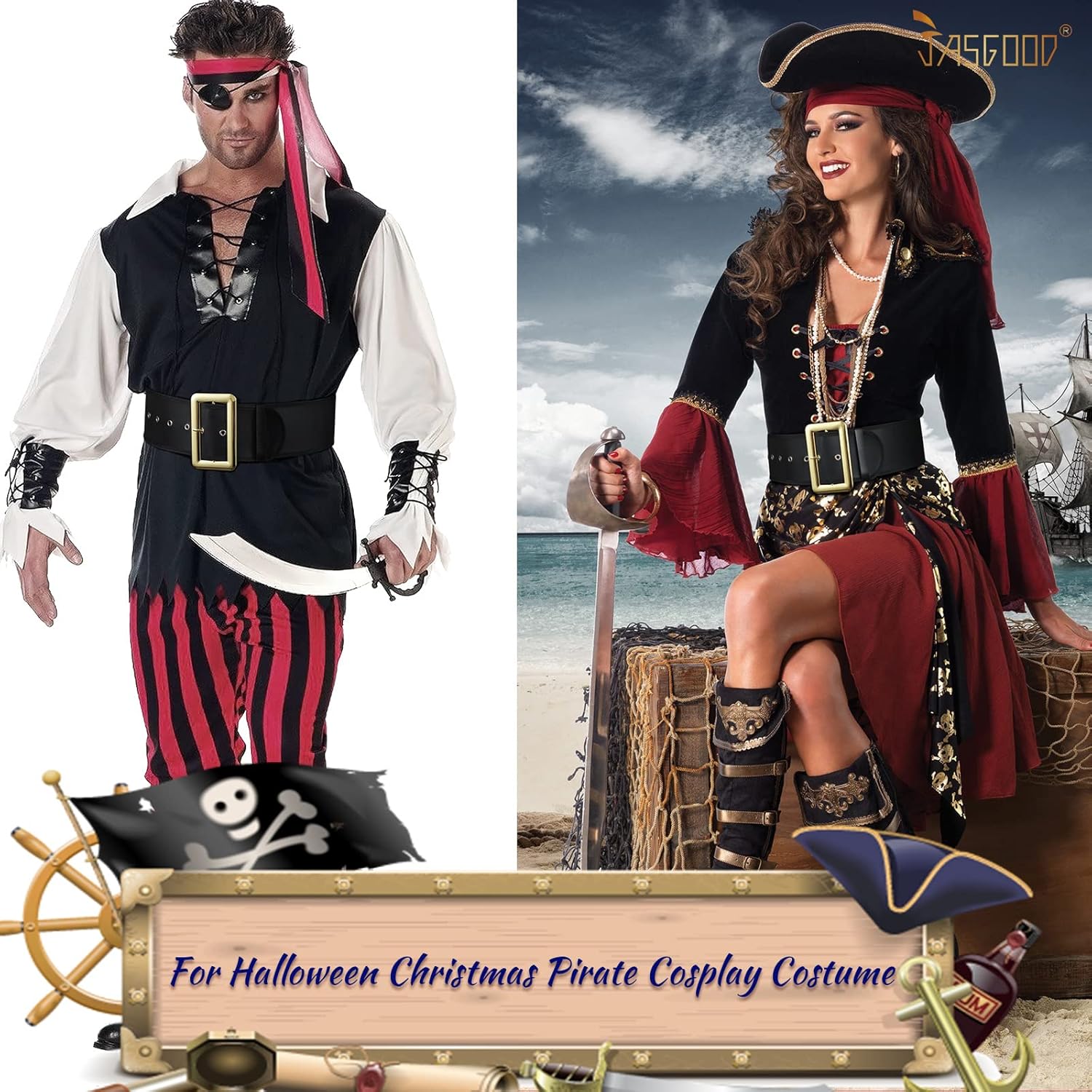 JASGOOD Santa Claus Belt for Adults - Black Pirate Belt for Cosplay & Novelty Costume Accessory