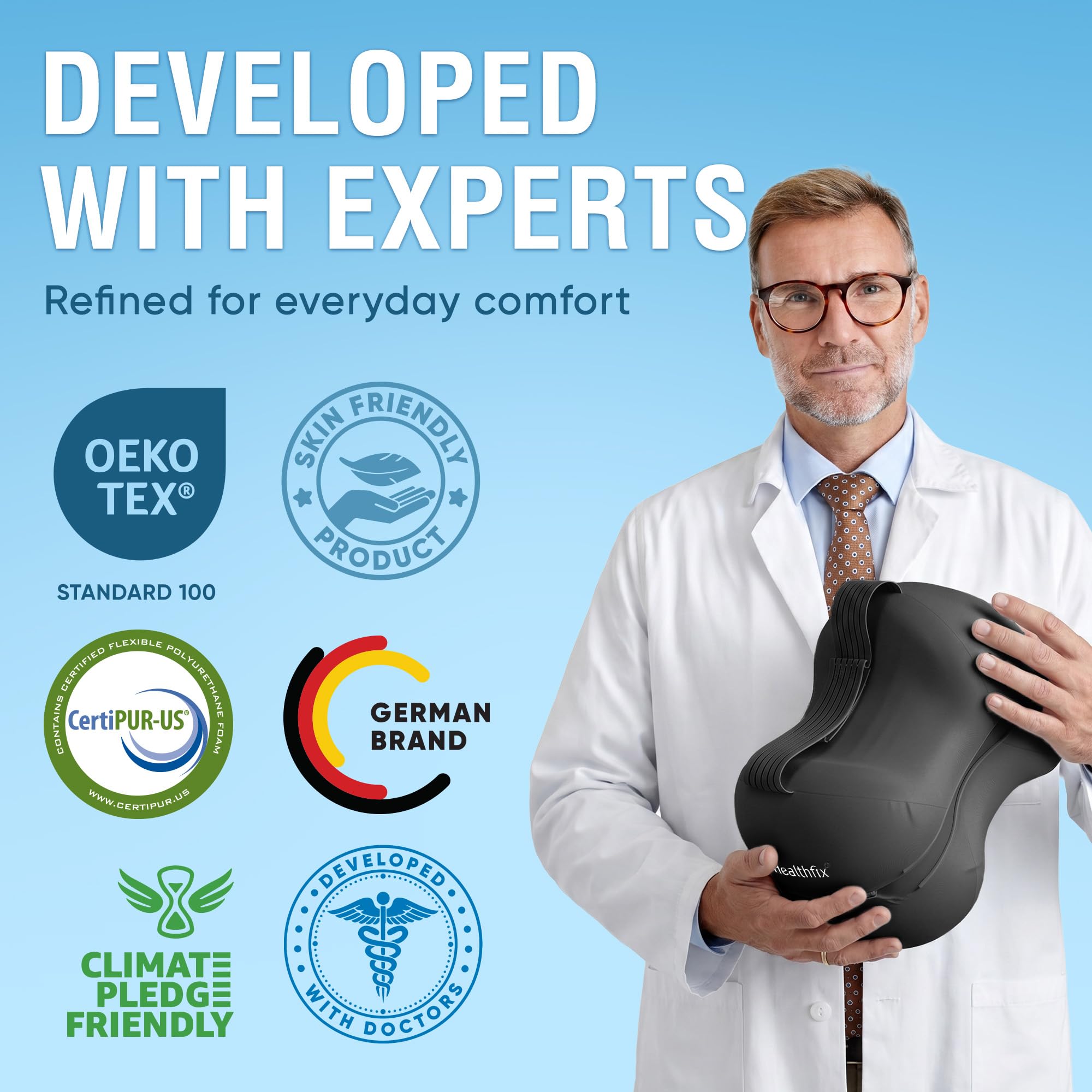 Healthfix Poduszka na kolana dla osób śpiących na boku, ortopedyczna poduszka na nogi do spania z paskiem, 2-częściowa z pianki memory, chłodząca poszewka nadająca się do prania (czarna)