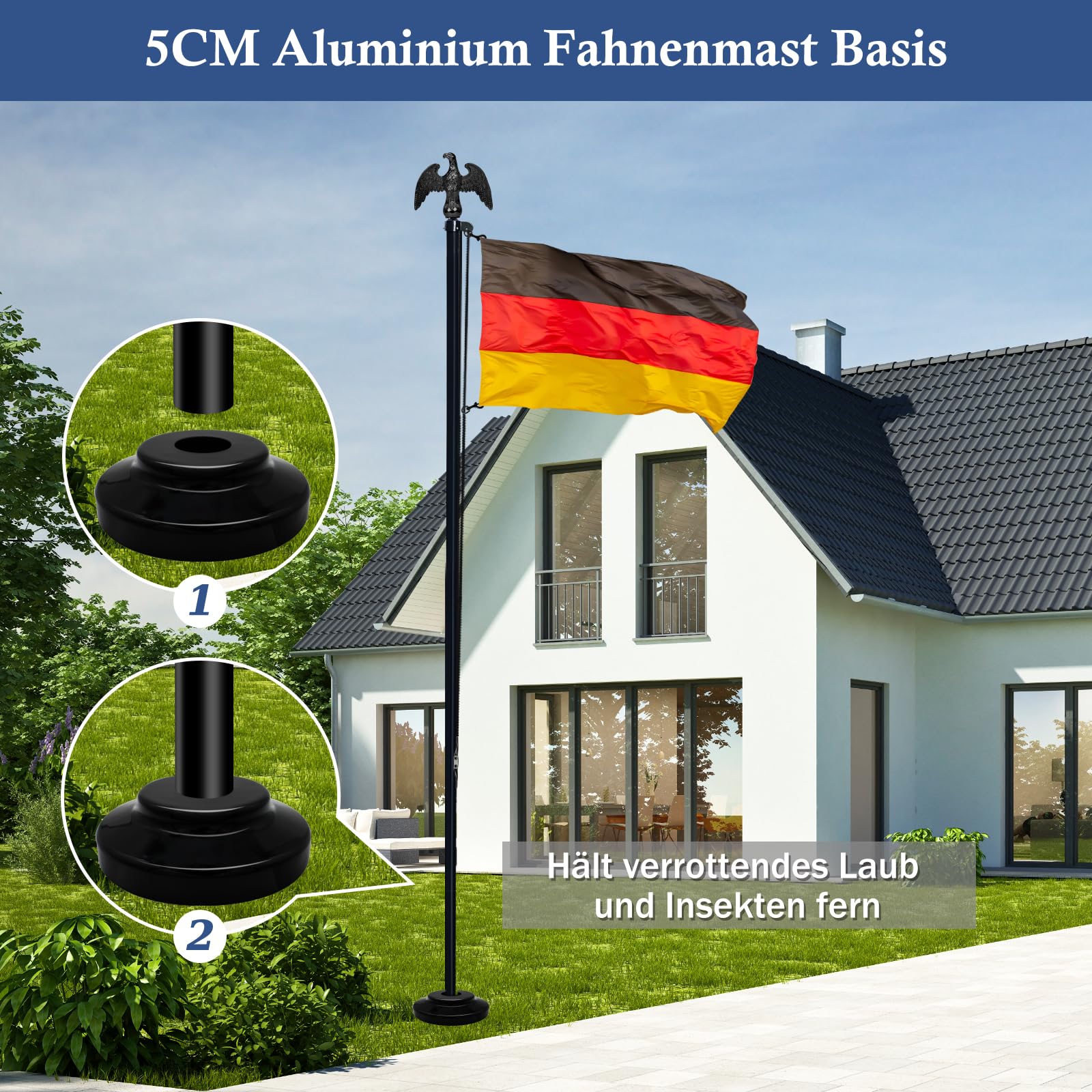 NQ Fahnenmast 6M stabil, 20FT Aluminium Fahnenmast höhenverstellbar, Fahnenstange Set für Außenbereich, Deutscher Fahnenmast(Schwarz)