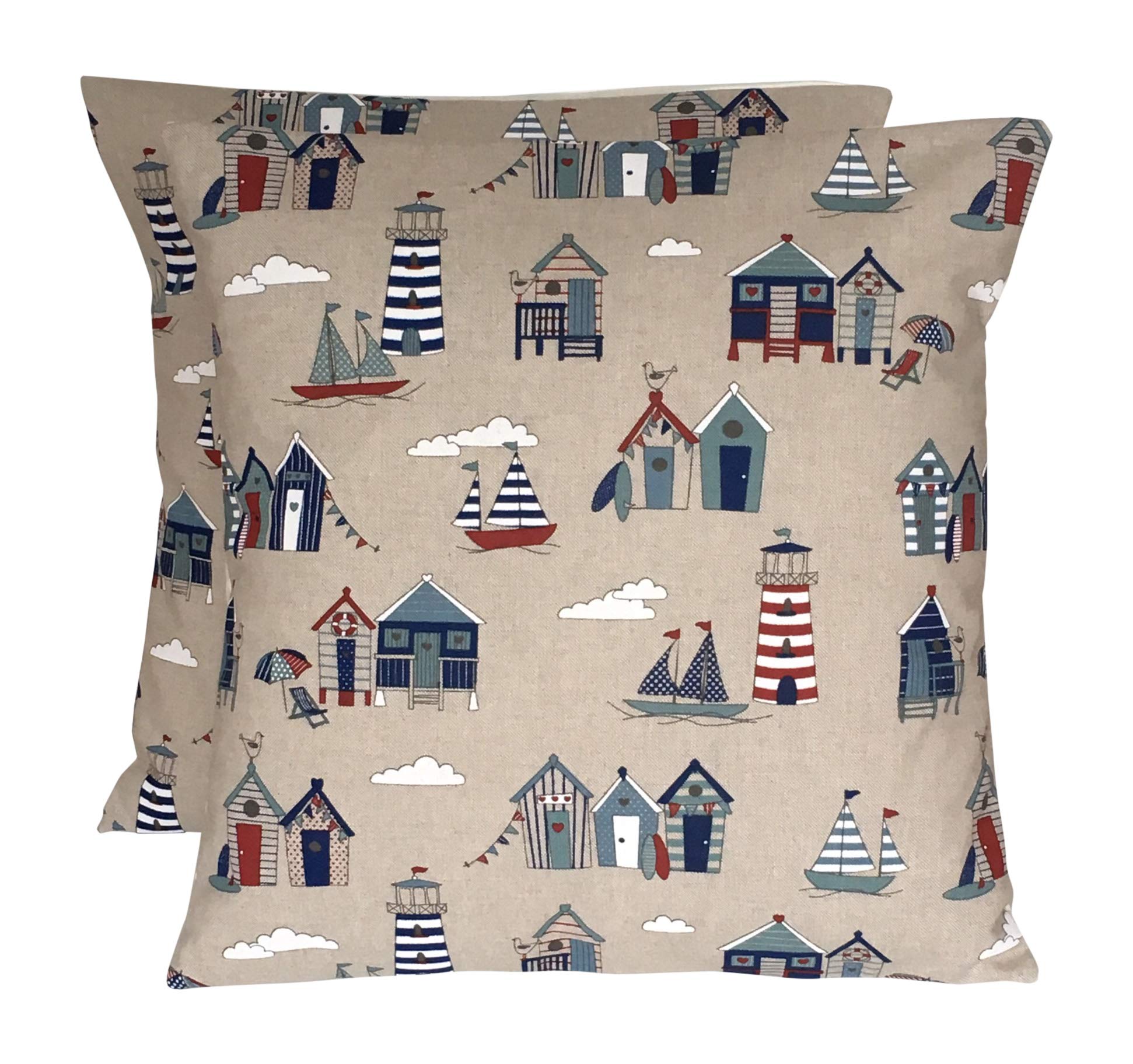 Cushions2u Red, Blue, White 2 X 16" X 16" (40Cm X 40Cm) Pack Of Two Beach Huts Red Blue White Linen Cushion Covers
