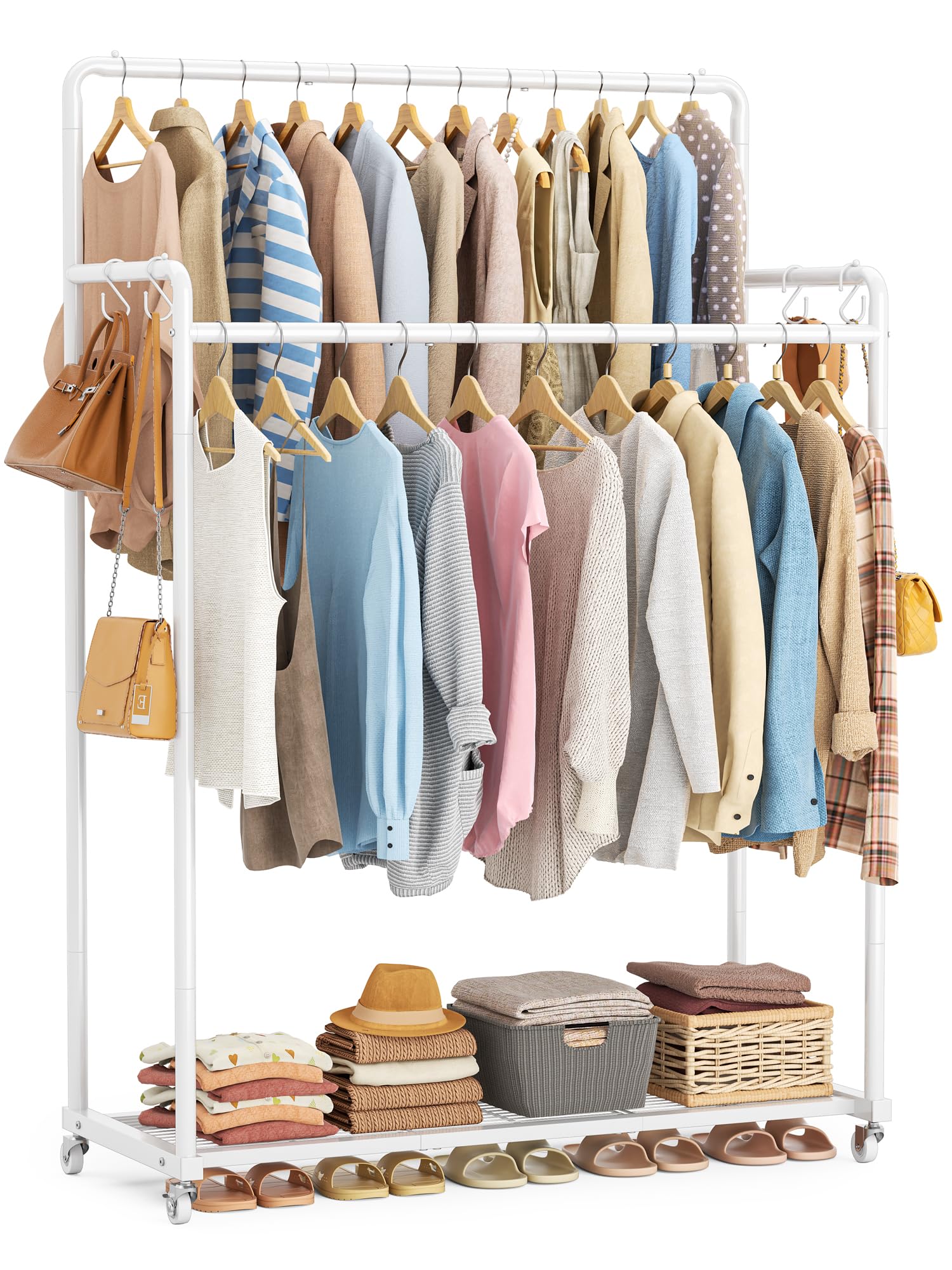 HOMIDEC Clothes Rail,Metal Clothes Rack with Hooks, Double Rads Heavy Duty Clothing Rail for Bedroom,Portable Clothing Rack Clothes Storage Shelf,Hold up to 85 kg,White