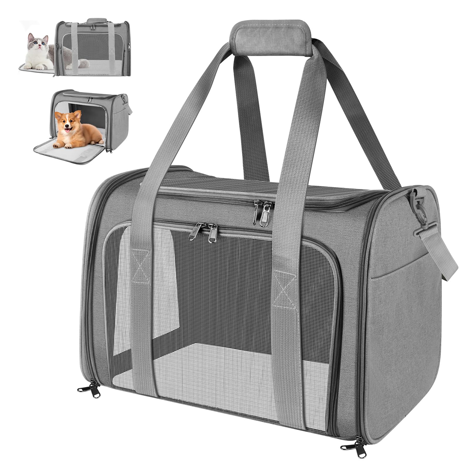 Transportin Gato Grande, 45x30x30 cm Transportin Perro Pequeño Transpirable Plegable, Transportin para Gatos con Correa al Hombro y Colchón Suave, para Coche/Avión, Autoreisbox für Katze