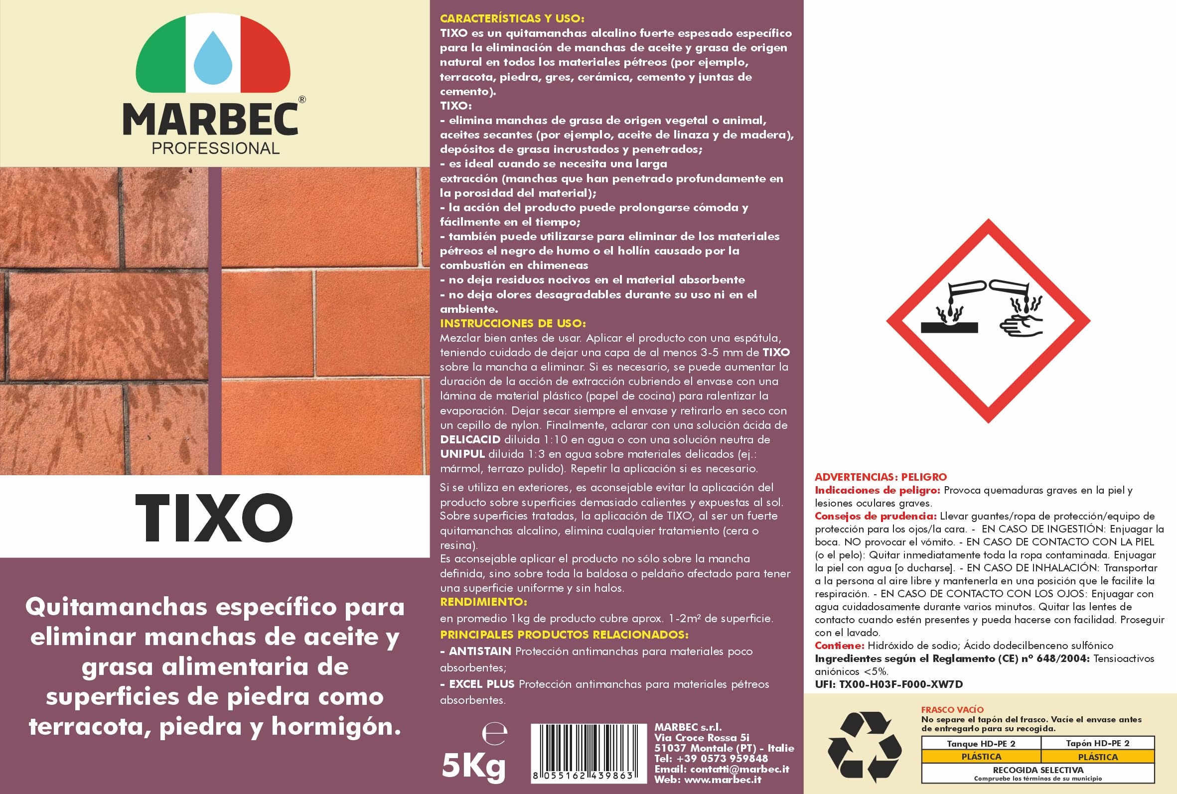 MARBEC TIXO 5KG Quitamanchas específico para eliminar manchas de aceite y grasa alimentaria de los suelos (barro, piedra, mármol, hormigón, etc.).
