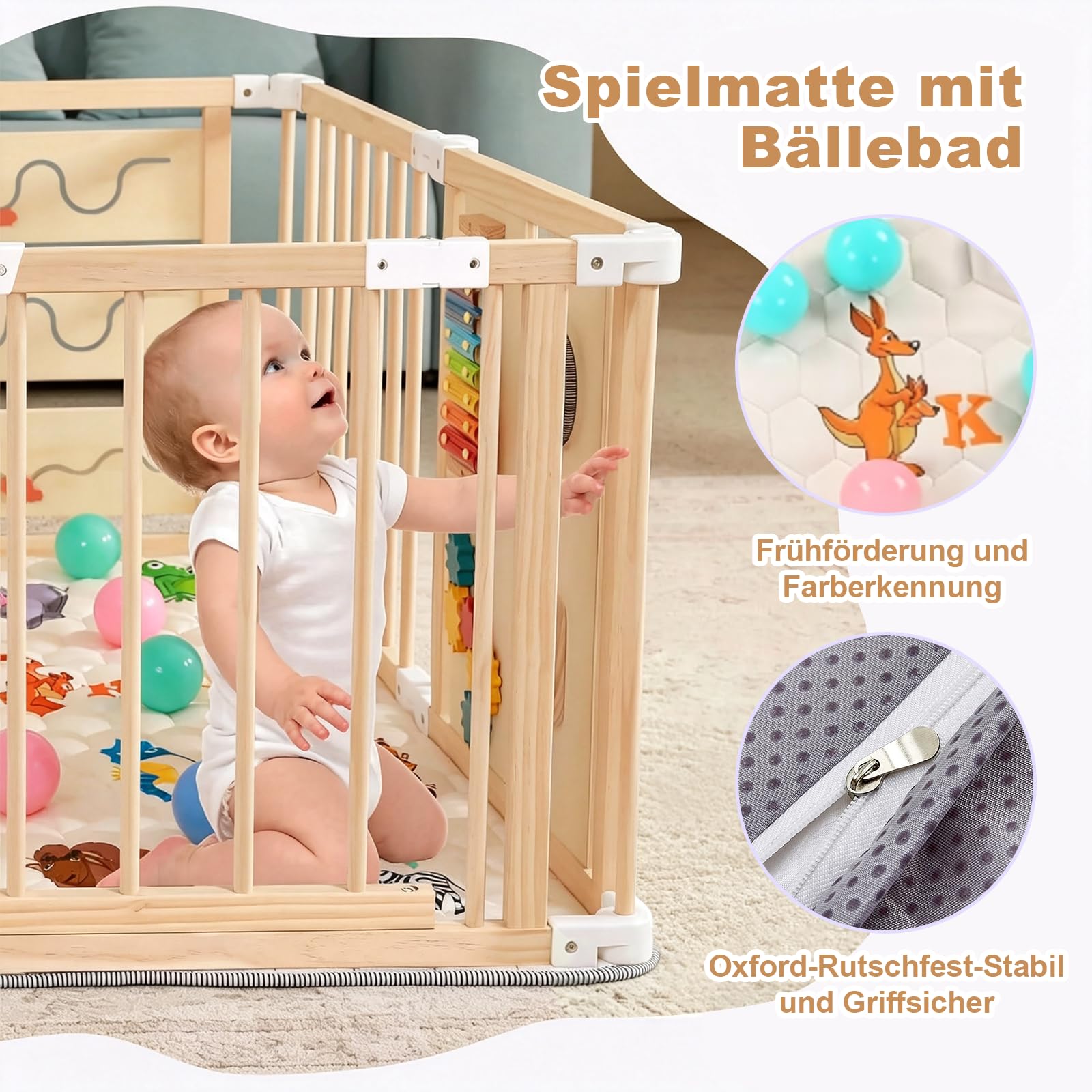 Laufstall Baby Faltbar mit Matratze&Spielplatte | 8 Stück, 150x150x60CM, Verstellbare Größe&Form, Indoor Spielplatz mit Montessori Spielplatte&Bälle, Babys Kleinkinder, Natur