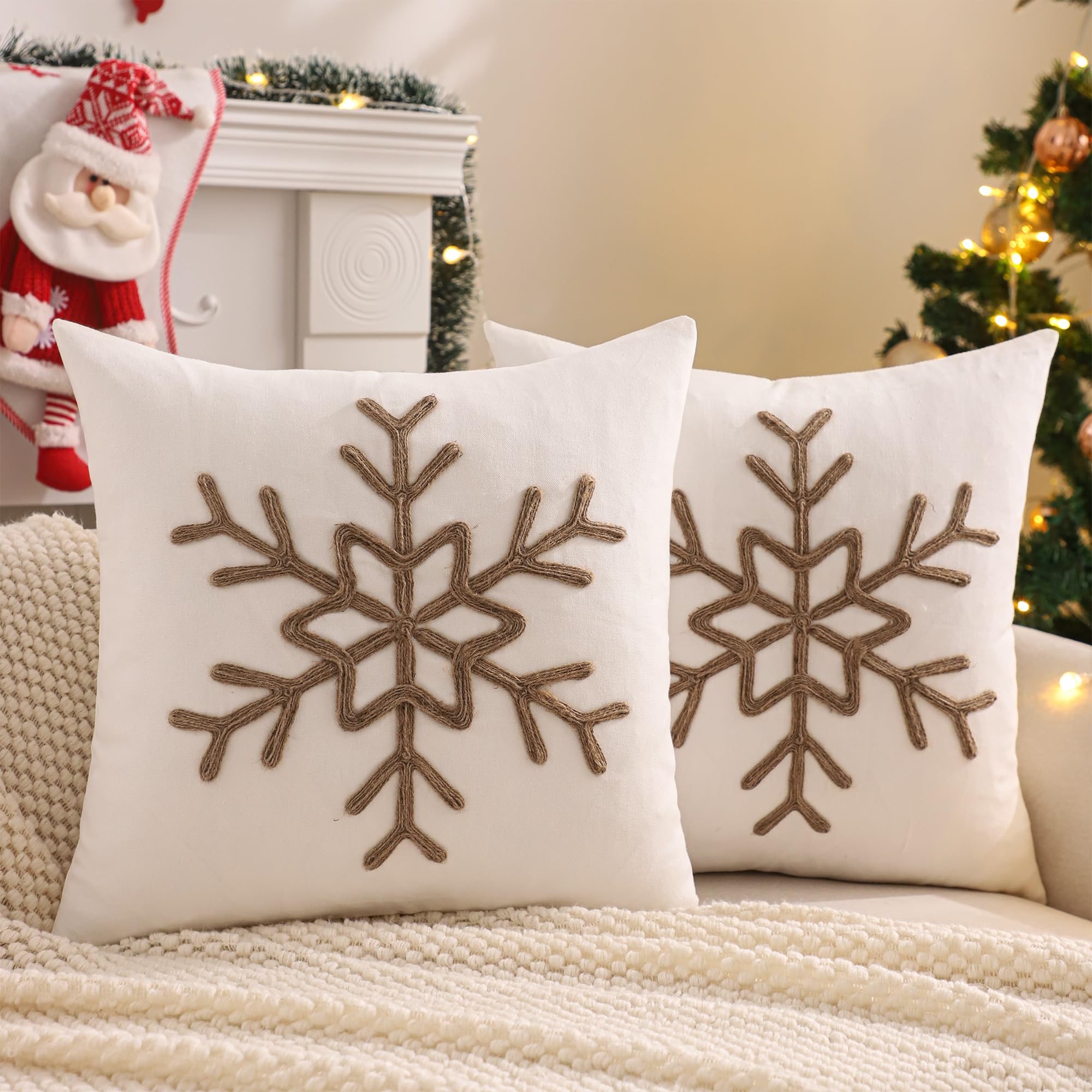 Tosleo Confezione da 2 federe decorative natalizie con corda di canapa ricamata, 45 x 45 cm, per feste di Natale, divano, letto, soggiorno