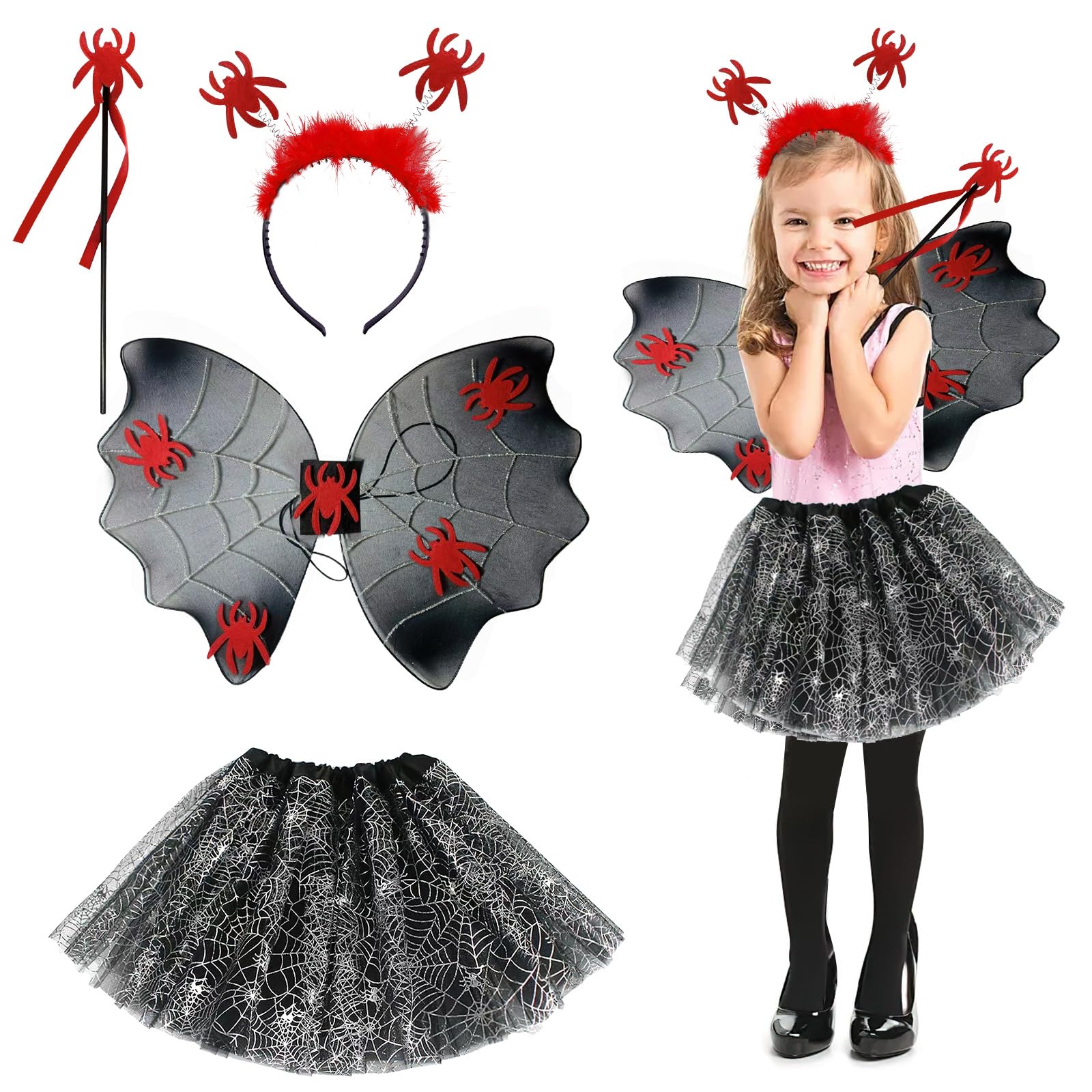kotwoel Halloween costumes for kids Spider Costume Set for Kids  Includes Tiara, Wand, Wings & Tutu for 3-10y Girls Carnival Halloween CosplaySpider Costume (Spiders)
