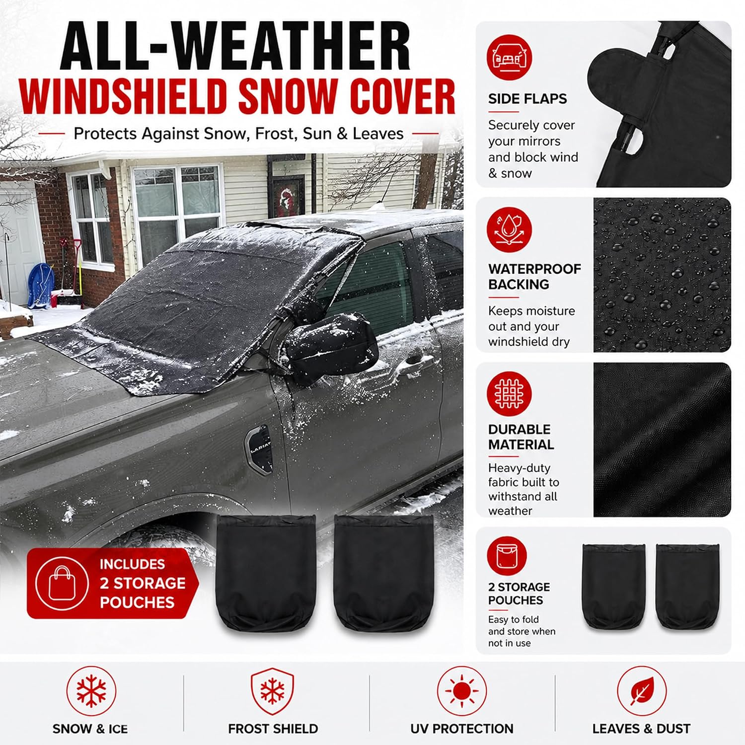 Windshield Cover for Ice and Snow Front Fit for sedans Windshield Snow Cover Car Windshield Protector Winter Car Accessories 600D Oxford Fabric Black 67"x43"