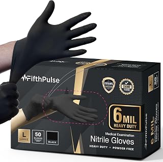 FifthPulse 6 Mil Black Nitrile Gloves - Heavy Duty Food Safe, Latex-Free Powder-Free Exam Gloves for Mechanics & Kitchen