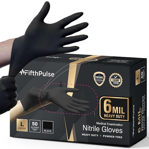 FifthPulse 6 Mil Black Nitrile Gloves, Heavy Duty Mechanic and Food Grade Glove - Powder-Free, Latex-Free Medical Exam Gloves