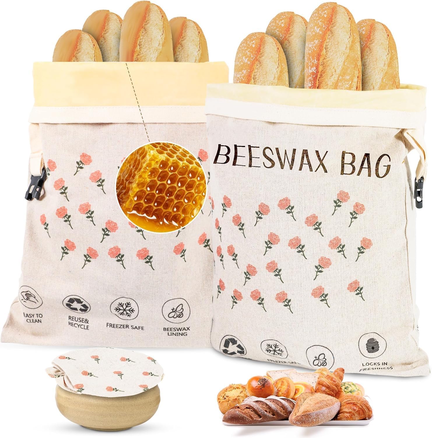 Beeswax Bread Bags (2026 New Upgrade) 2-Pack Reusable Bread Bags for Homemade Bread Sourdough,17″×13″100% Linen Moisture-proof Lined XL Beeswax Bread Bag with Buckle&1Bowl Covers,Keeps Fresh Longer