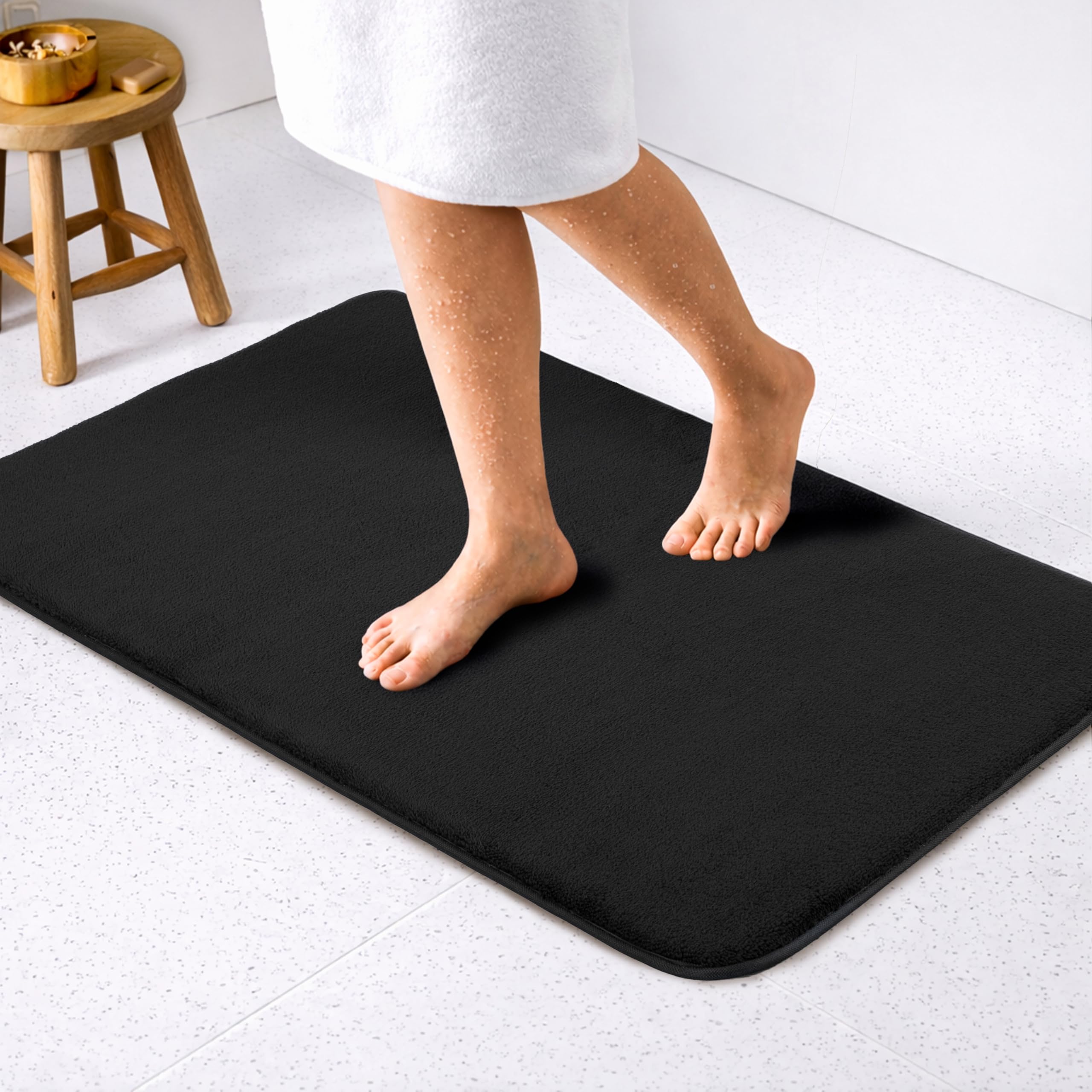 American Soft Linen 21x32 Fluffy Foamed Slip Reducer Bath Rug, Machine Washable Area Bath Mat Rugs for Bathroom, Black