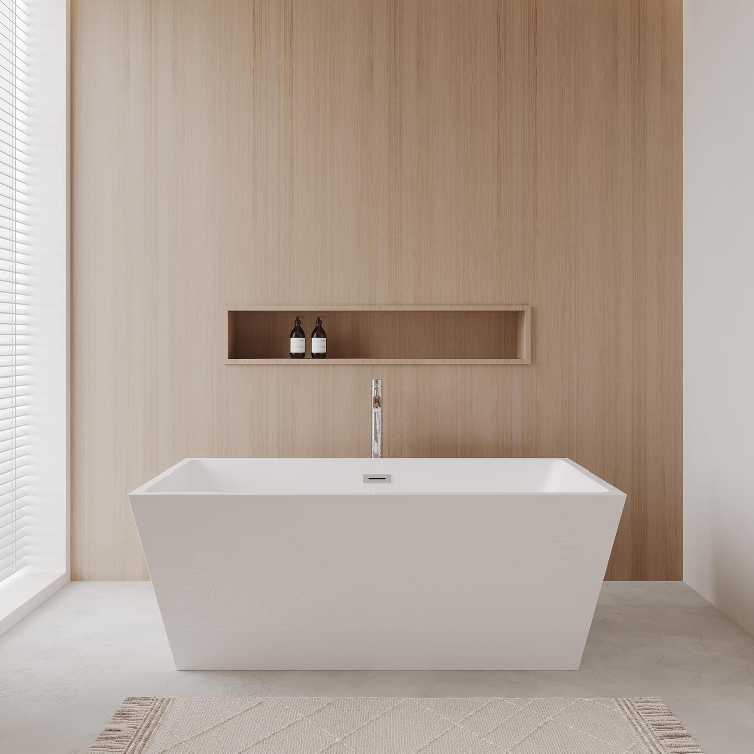 "Sara 63 inch Freestanding Bathtub in White with Floor Mounted Faucet, Drain and Overflow Trim in Polished Chrome"