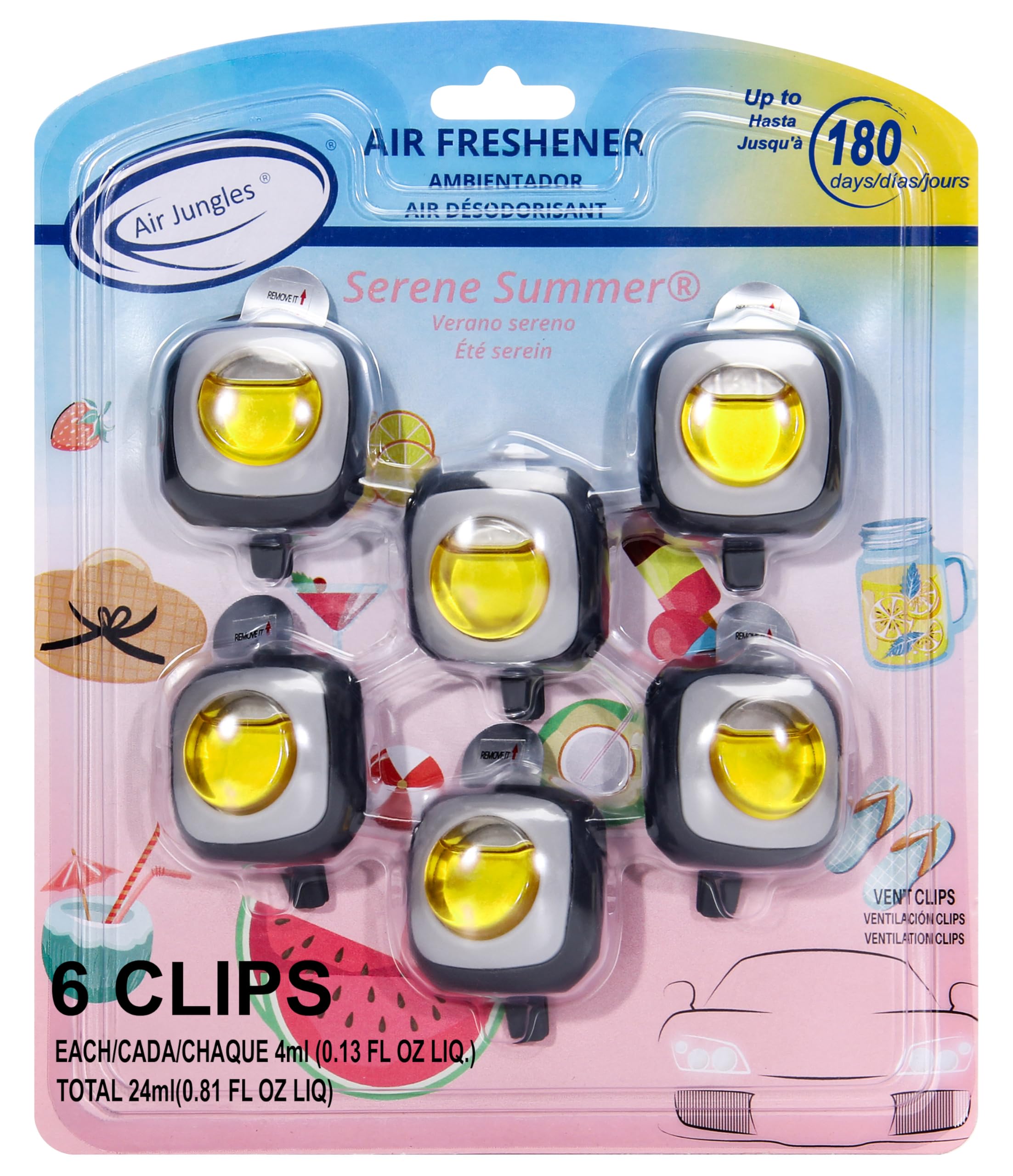 Serene Summer Scent Car Air Freshener Clip, 6 Vent Clips, 4ml Each, Long Lasting Air Freshener, Up to 180 Days Car Refresher Odor Eliminator