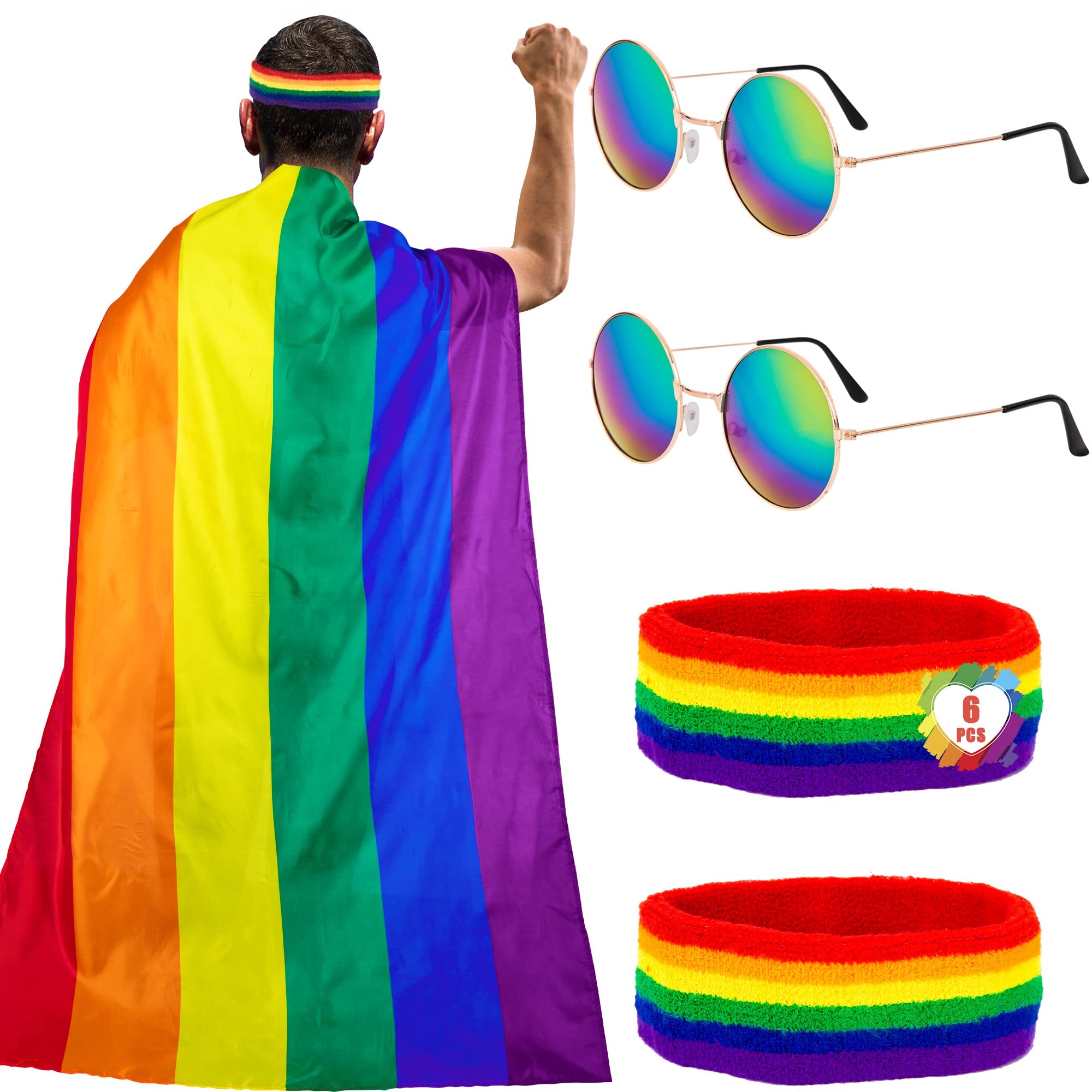 MelisheerPride Stuff, 6 Pack Pride Flag Cape Set with Rainbow Headband Round Sunglasses, Polyester LGBT Flag Banner Bulk, LGBTQ Gay Lesbian Pride Parade Accessories for Pride Month Festivals Party Celebration
