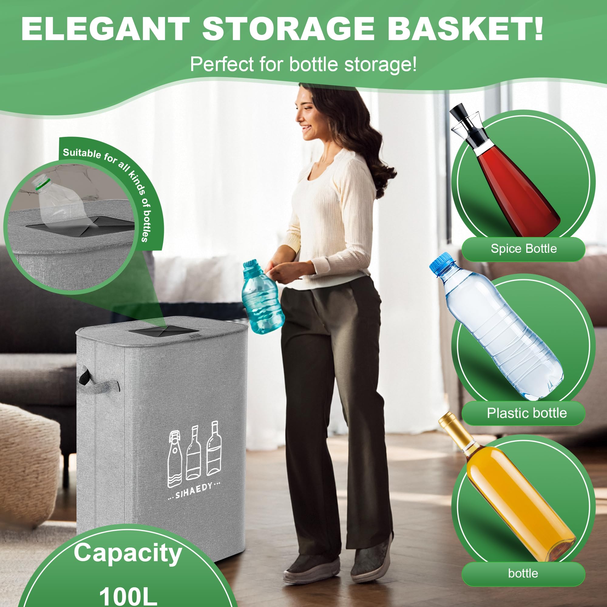 Recycle Bins for Kitchen, 100L Recycling Bin with Quick Drop BIG Slot | 26 gal Large Capacity | Durable 600D Canvas | Removable, Washable Liner | Perfect for Kitchen & Office | Fully Eco-Friendly