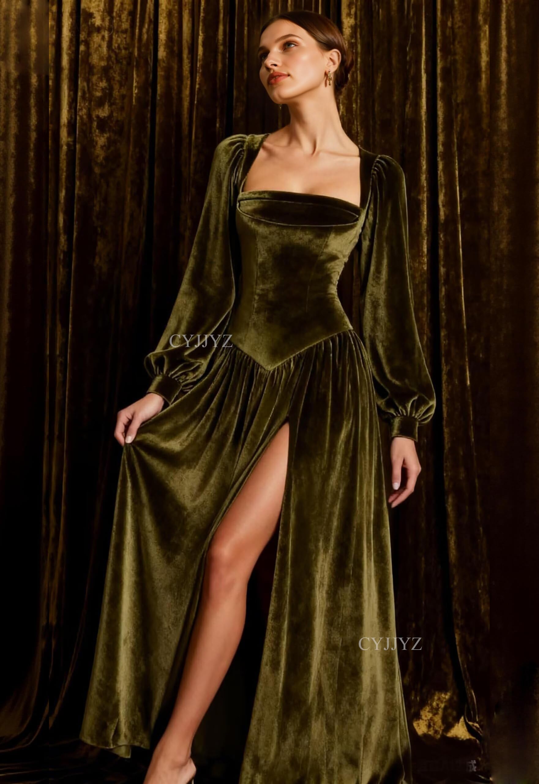 CYJJYZ Long Sleeves Velvet Bridesmaid Dresses for Women Square Neck Prom Dress with Slit Ruched Formal Evening Gowns: White 12