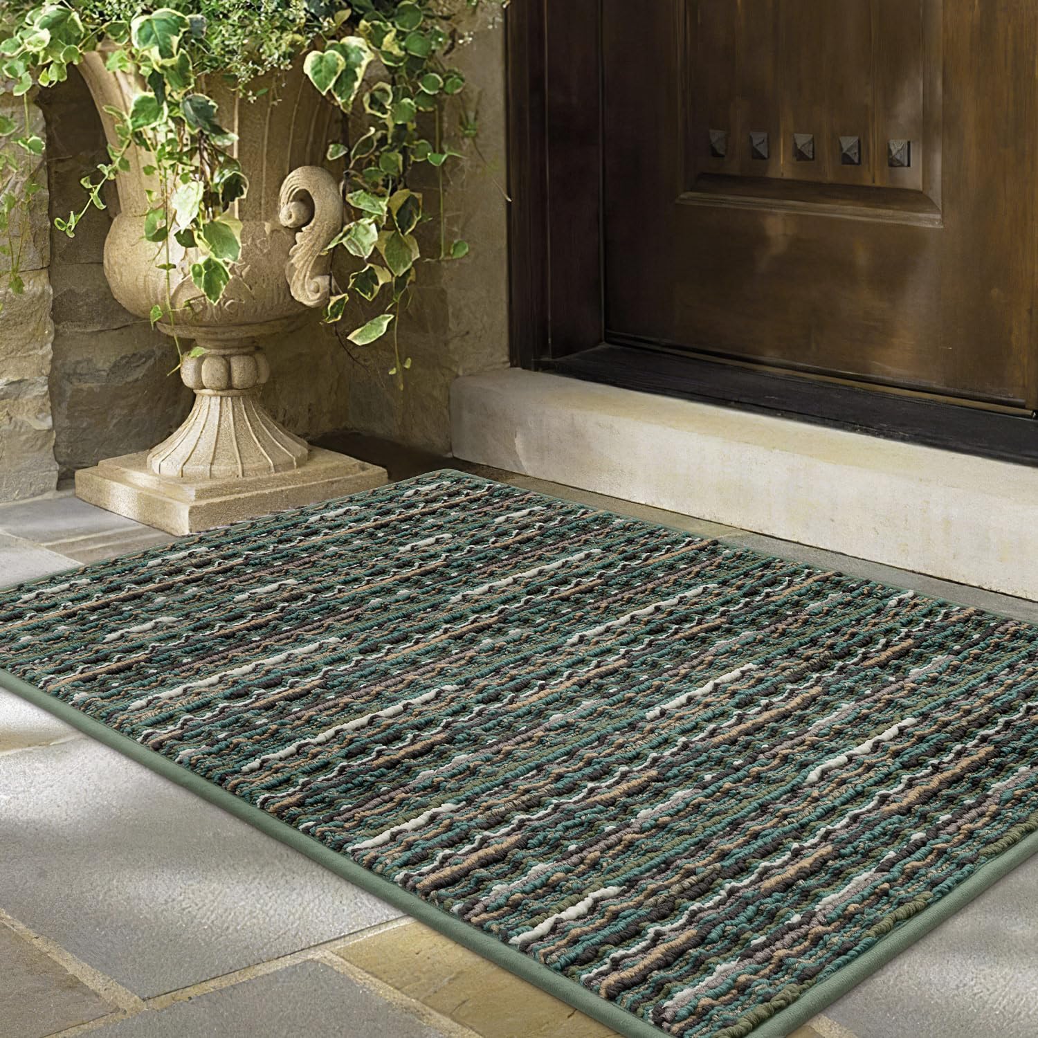 hicorfe Indoor Doormat,24"x35" Boho Vintage Style Front Back Door Mat,Non Slip Rubber Backing,Low-Profile Absorbent Resist Dirt Washable Entrance Inside Floor Mat Entryway,Hallway,Porch,Patio(Green)