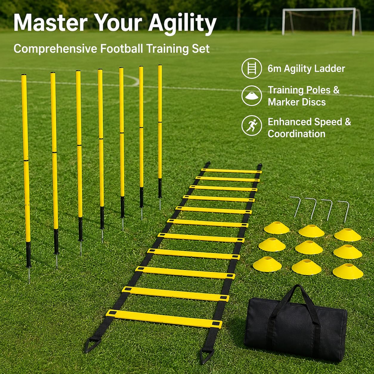 Koordinationsleiter für Fußball Training mit 6m Trainingsleiter und 10 Hütchen, 1.6m Pfählen aus PVC, Fußball Trainingsset Koordinationsleiter