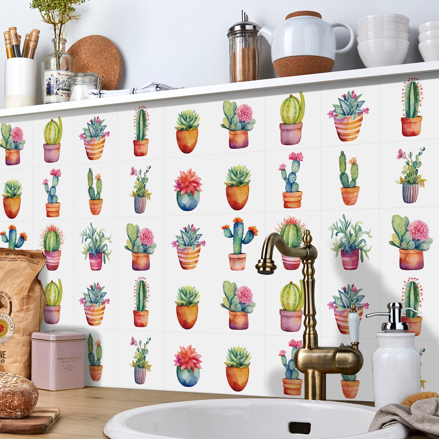Ulticool Sticker Waterproof Sticker Tiles, Cactus Plant in Pot, 15 x 15 cm, Pack of 15 Tile Stickers Made of Film - Image 3