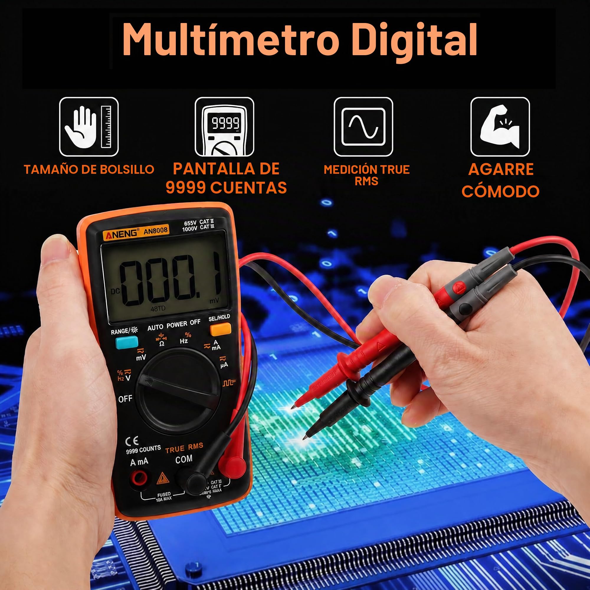 AN8008 Multímetro digital True Tensión CA Voltaje CC Amperímetro Corriente Ohm Medidor Probador Diodos Transistores Temperatura Rojo