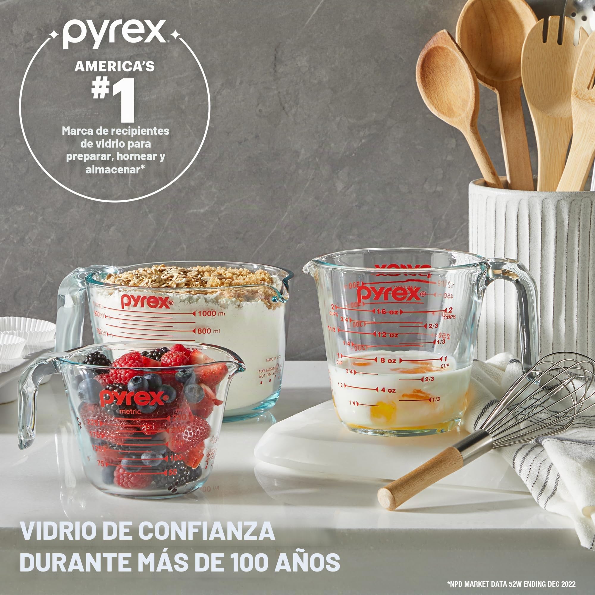Pyrex Essentials - Juego de 3 tazas medidoras de vidrio (1, 2 y 4 tazas) para preparar, hornear y cocinar, horno precalentado, lavavajillas, congelador y microondas