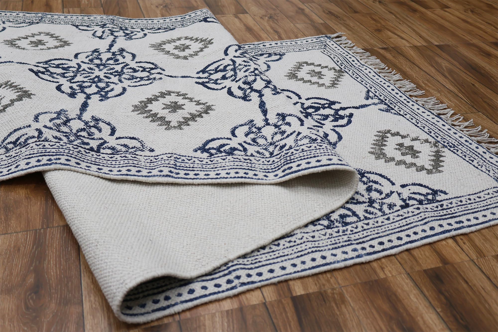 Baumwoll-Läuferteppich, 7,6 x 4,7 m, marineblau und grau, Baumwollteppich für enge Räume, Flur, Küche, Eingangsbereich, Innenbereich, gewebter Eingang, geometrisches Design, handgefertigt, Dhurries