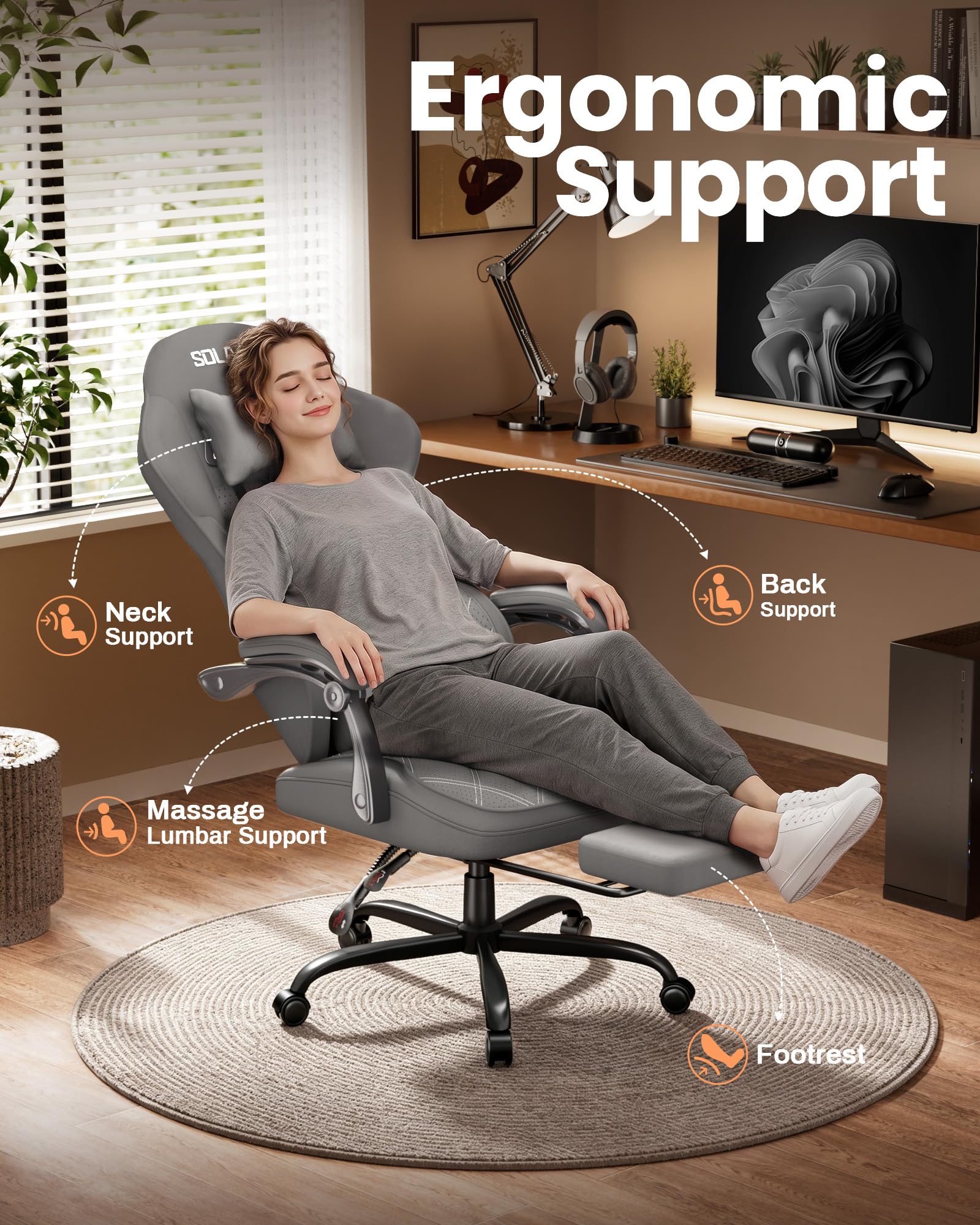 SOLAVERO Silla Gaming con Masajeador y Tela Perforada Transpirable (Gris) | Asiento de doble capa, cojín lumbar con masaje USB, reposapiés, respaldo reclinable de 90 a 135 grados, carga 150 kg