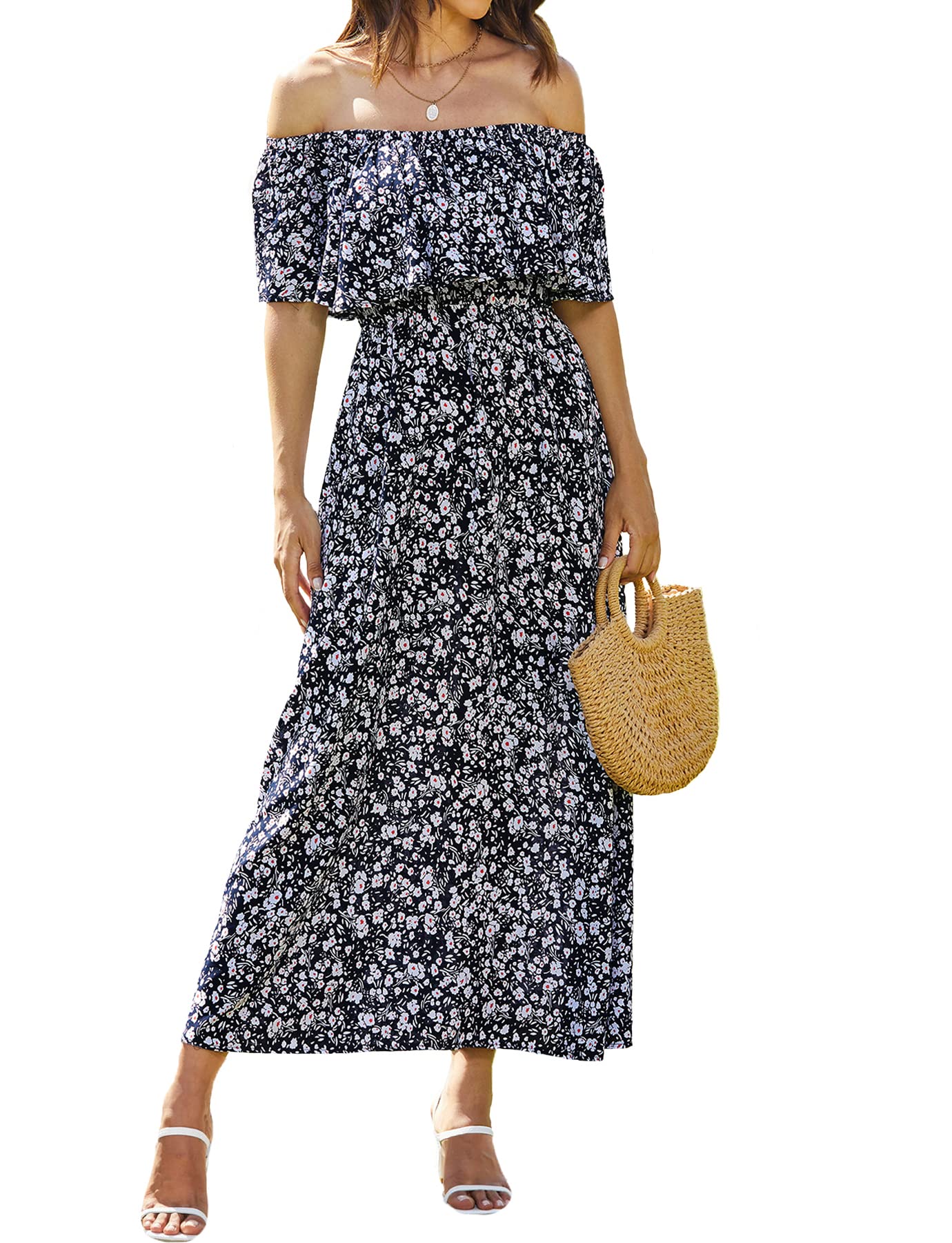 Bluetime Womens Maxi Dress Off Shoulder Floral Print Boho Beach Long Summer Dresses