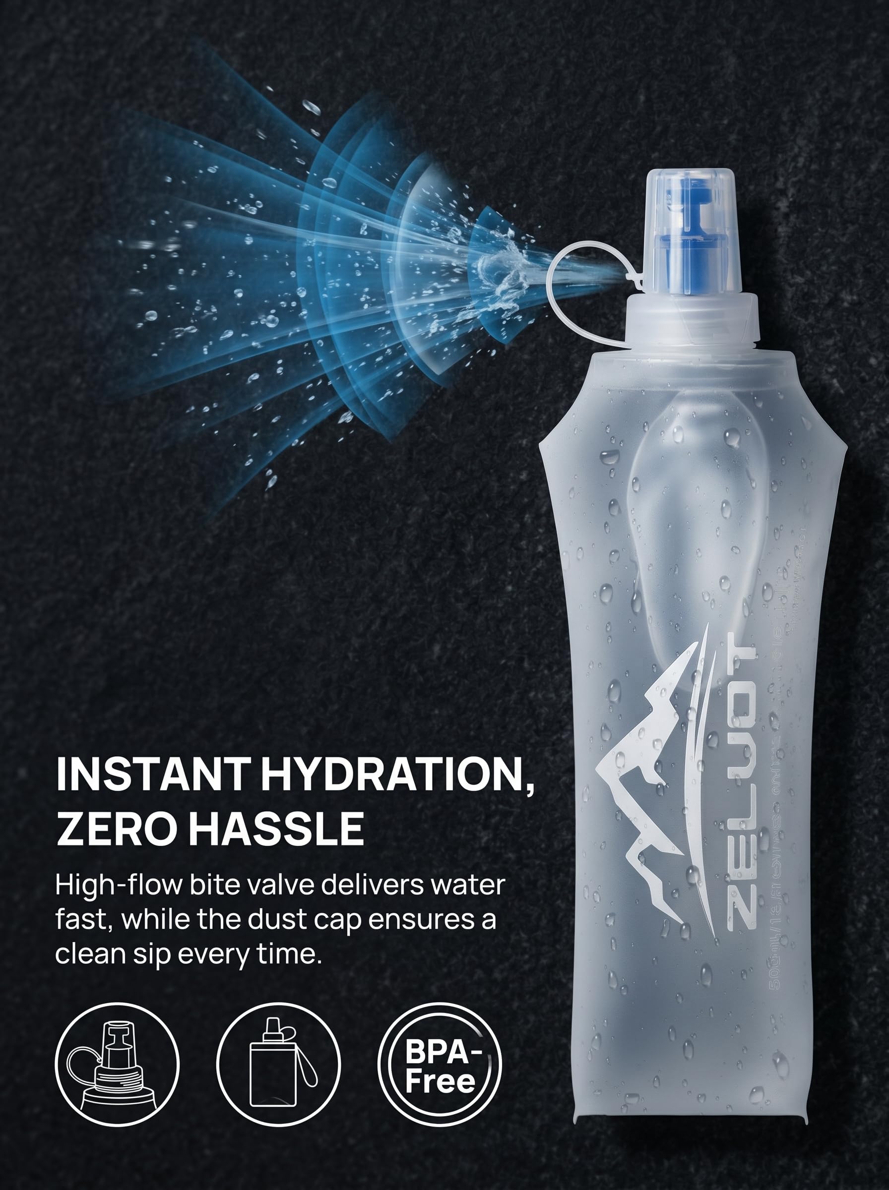 Zelvot Chaleco suave para correr, botella de agua plegable de 500 ml, sin BPA, para mochila de hidratación, botella de agua plegable para correr, senderismo, ciclismo, escalada (blanco, 500 ml)