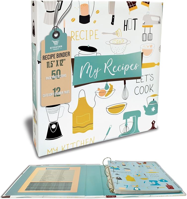 Better Kitchen Products Recipe Binder, Full Page 3 Ring Standard Binder Organizer Set (with 50 Page Protectors & 12 Category Divider Tabs) 11.5" x 12" Vintage Kitchen Design