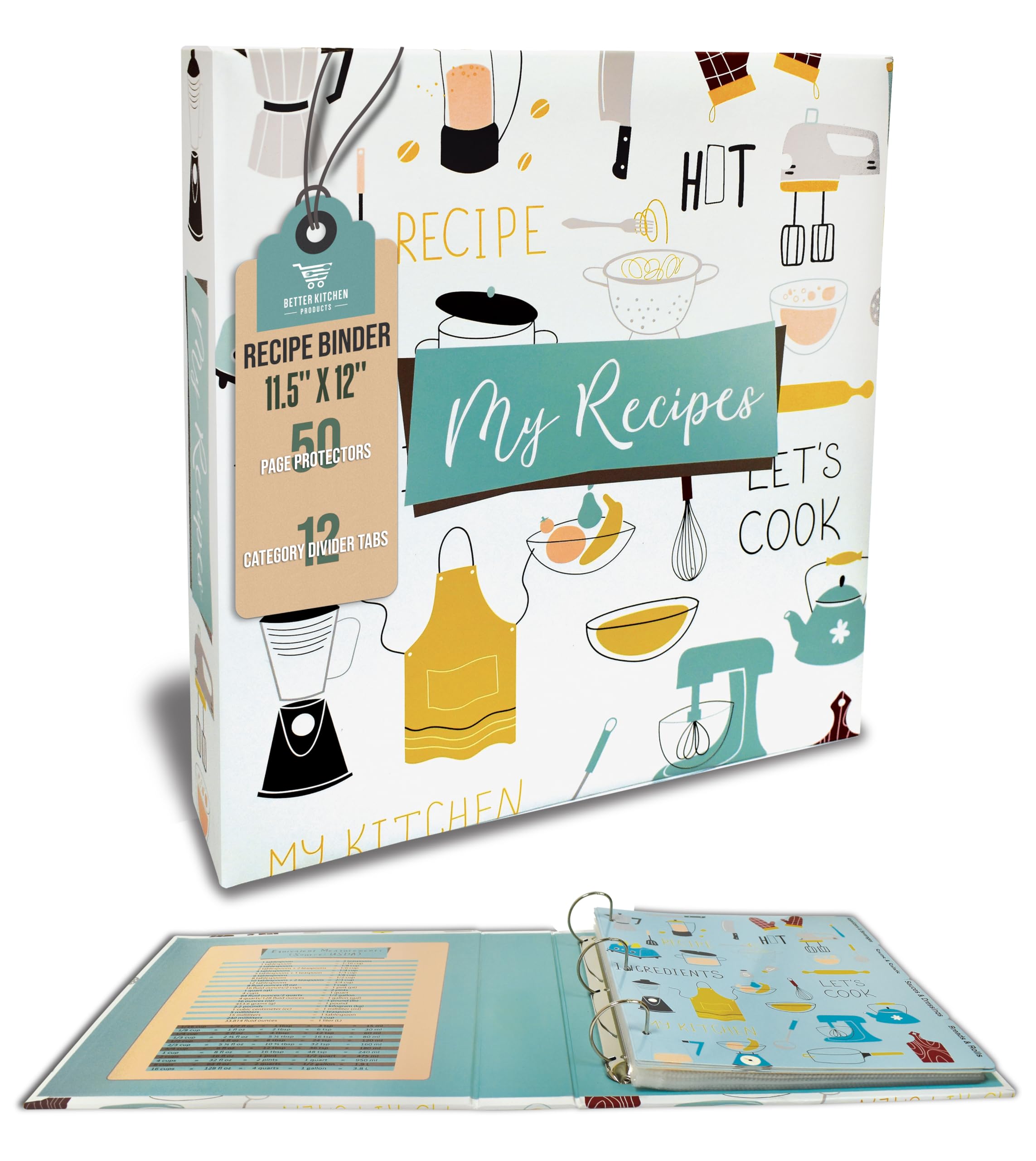 Better Kitchen Products Recipe Binder, Full Page 3 Ring Standard Binder Organizer Set (with 50 Page Protectors & 12 Category Divider Tabs) 11.5" x 12" Vintage Kitchen Design