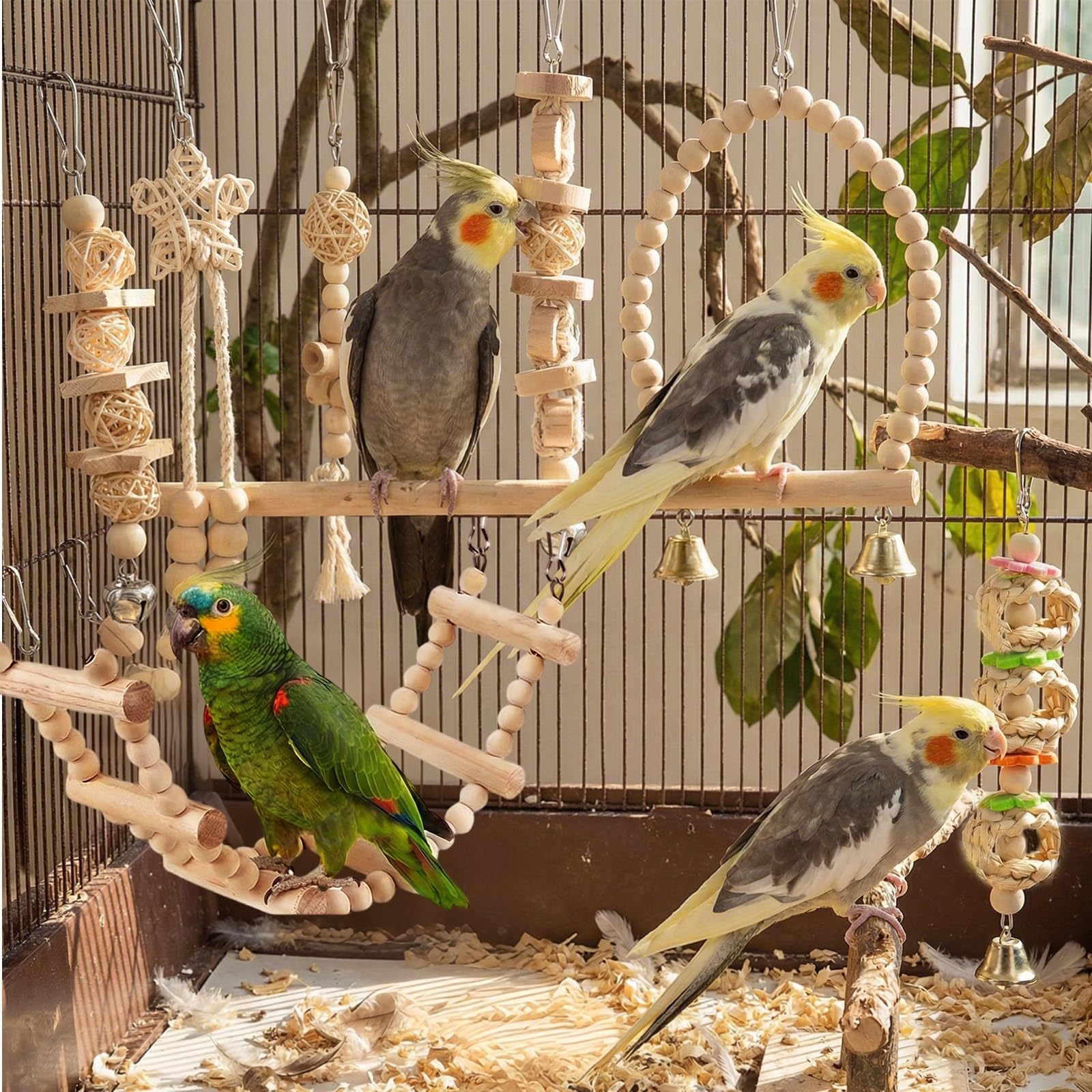 Set di 9 Giochi per Pappagalli, Giocattoli per Pappagalli in Legno Naturale, con Altalena, Scala e Campanella, per Gabbia Uccelli, Per Pappagallini, Ara Piccoli e Uccelli