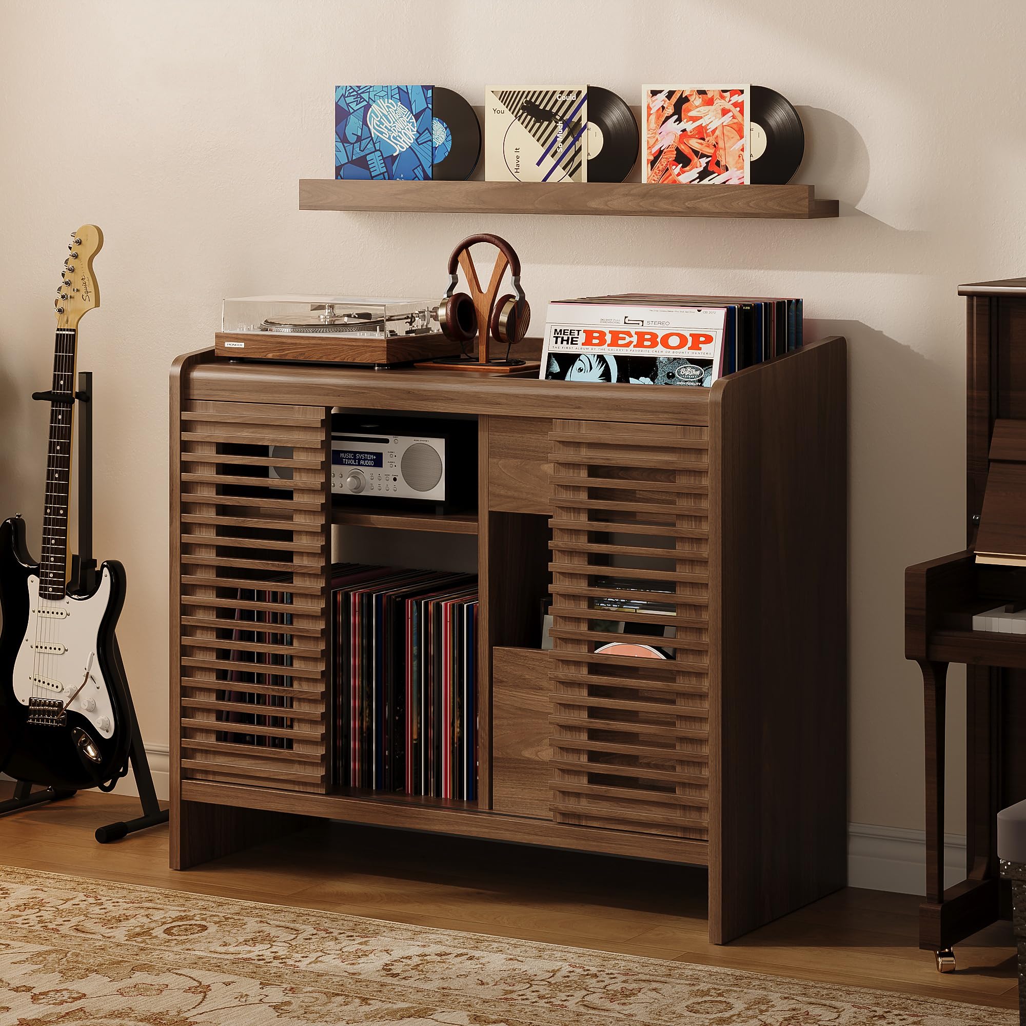 IRONCK Vinyl Plattenspieler Regal mit Schallplatten Wandhalterung, Schallplattenständer Schallplatten Aufbewahrung up to 350 Albums mit Ladestecker, für Wohn- und Schlafzimmer,Retro Walnussbraun