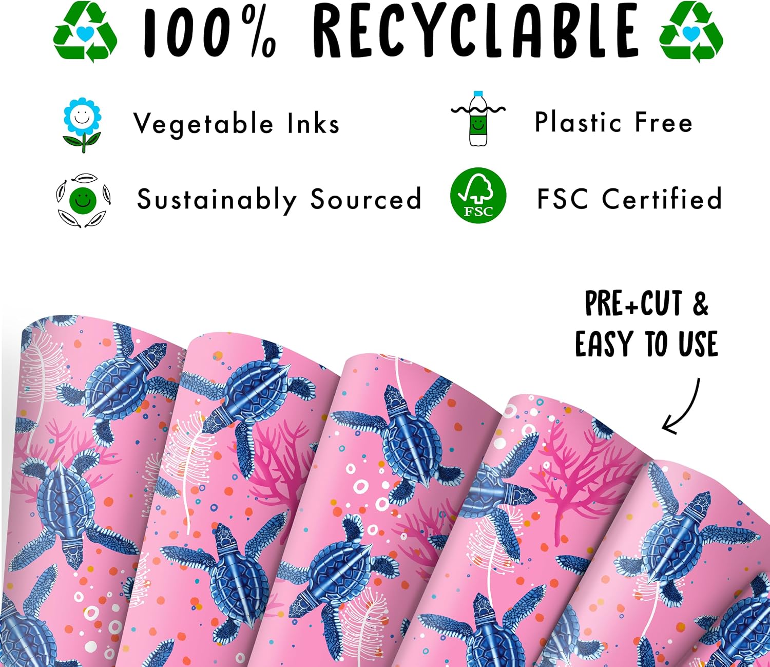 CENTRAL 23 - Pink Wrapping Paper - Blue Turtles - Birthday Gift Wrap - 6 Sheets - For Girls Women Females - Recyclable image 3