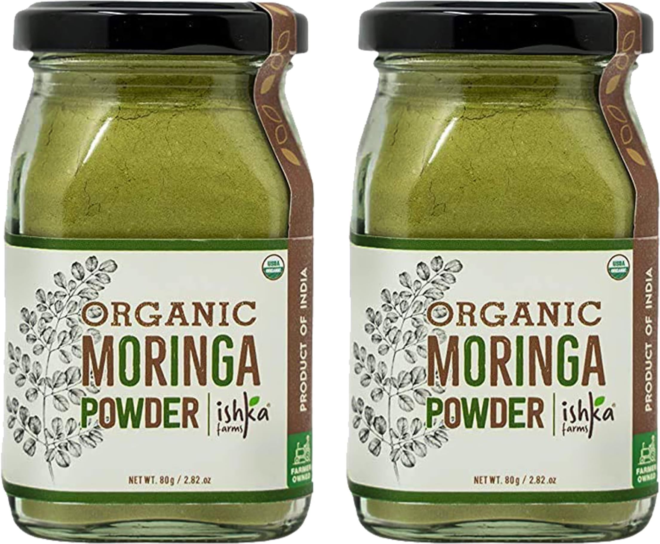 Ishka Farms Organic Moringa Powder | Moringa Olifera | Rich Source of Multi-Vitamins and Antioxidants, Boosts Immunity | Fresh from Farm in Glass Bottle, 80 grams (Pack of 2)