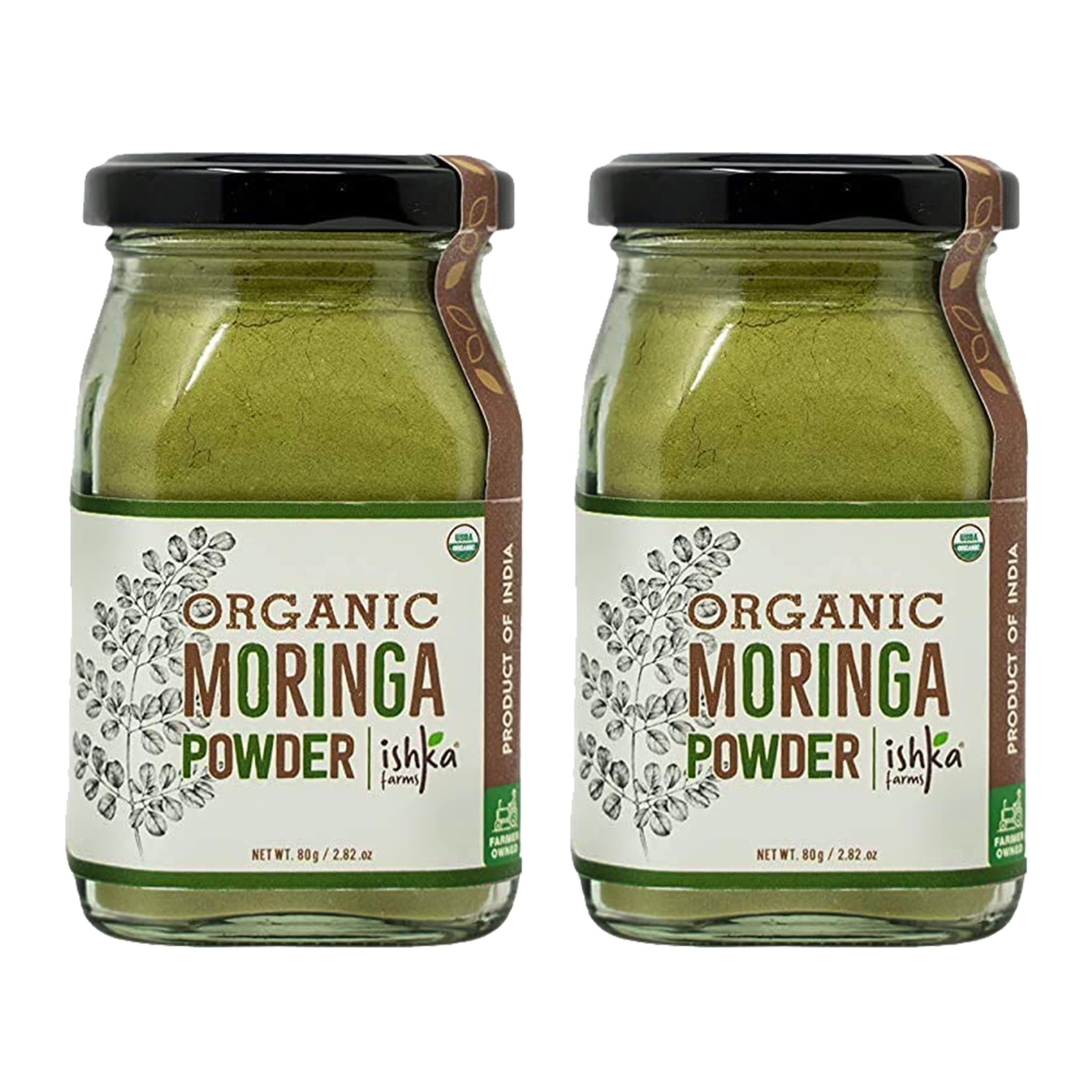 Ishka Farms Organic Moringa Powder | Moringa Olifera | Rich Source of Multi-Vitamins and Antioxidants, Boosts Immunity | Fresh from Farm in Glass Bottle, 80 grams (Pack of 2)
