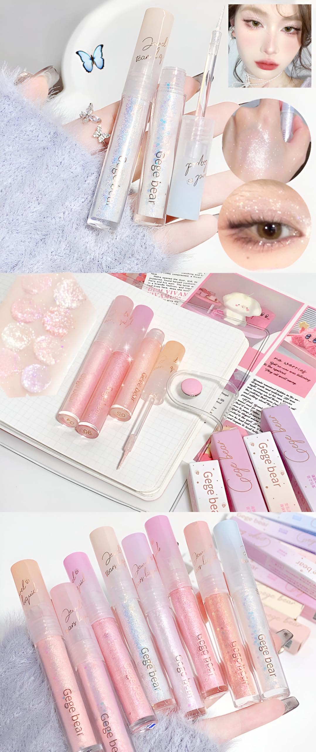 Gege Bear Gem Tears Liquid Glitter Eyeshadow | Multi-Use as Eyeshadow & Eyeliner for Dazzling Looks | Buildable, Blendable & Crease-Resistant Formula | Ultra-Sparkly, Lightweight & Long-Lasting | 8 Dreamy Shades for Eye-Catching Glam, Night-Out Sparkle & Festival Magic Makeup (07# Dream Star River, 2g)-image-17