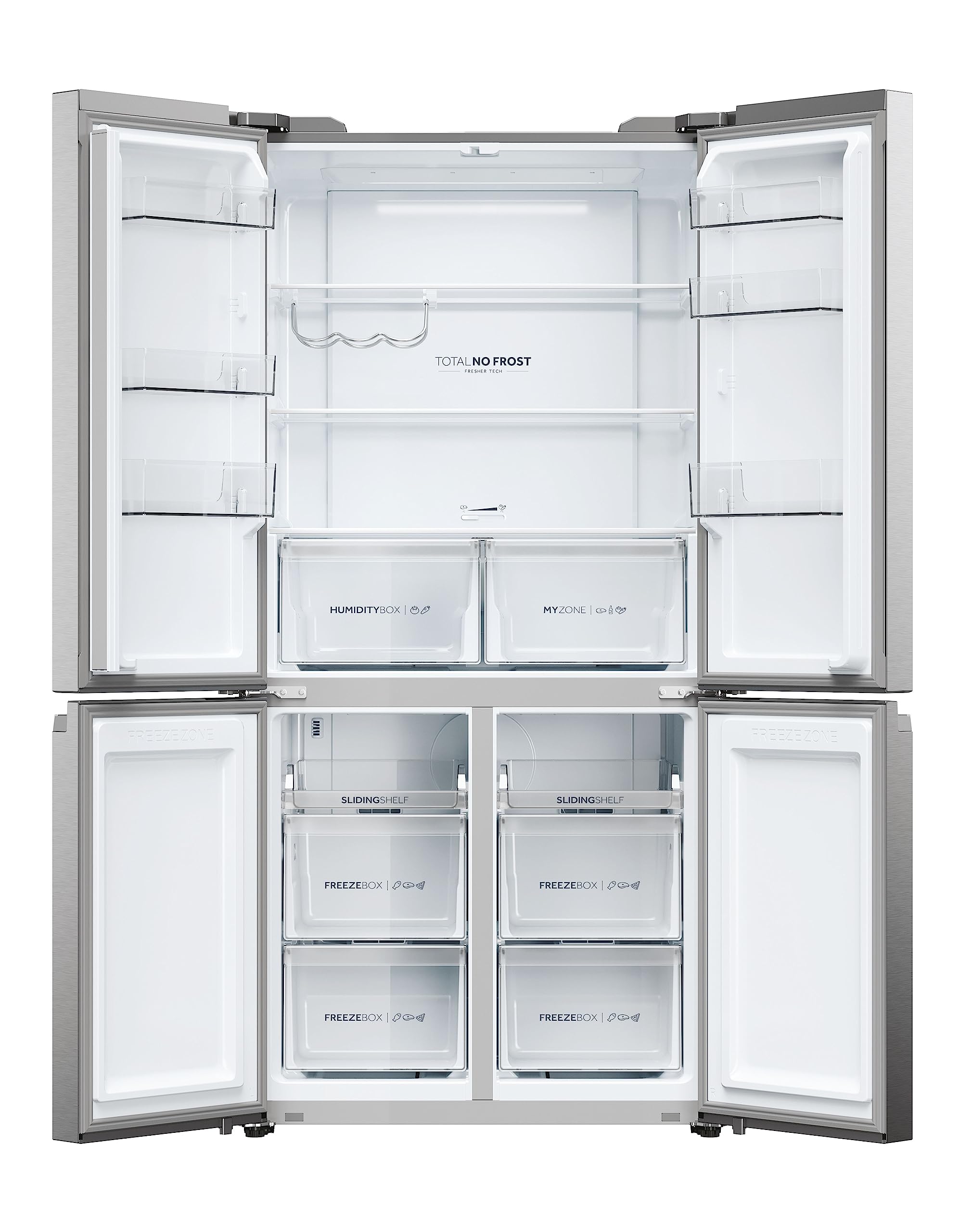 Haier Cube 90 Series 5 Frigorifero Multidoor 4 Porte 528 Litri, Total No Frost, Air Surround, MyZone, Humidity Zone, T-ABT, Inverter, Classe E, 190 x 90,8 x 64,8 cm, Platinum Inox HCR5919ENMP