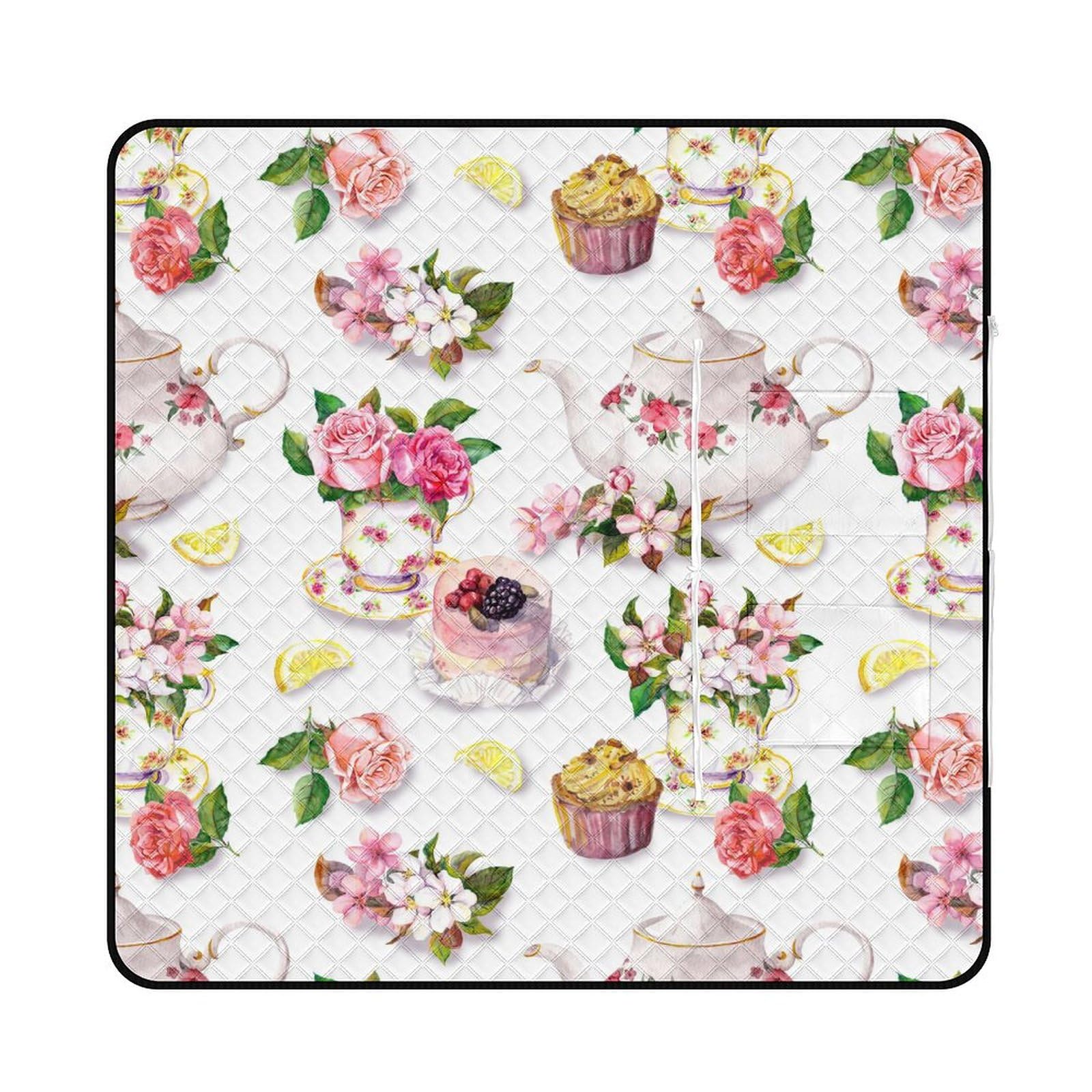 Tappetino da picnic con cerniera, torta e teiera, coperta da picnic floreale, tappeti per esterni, 150 cm x 150 cm