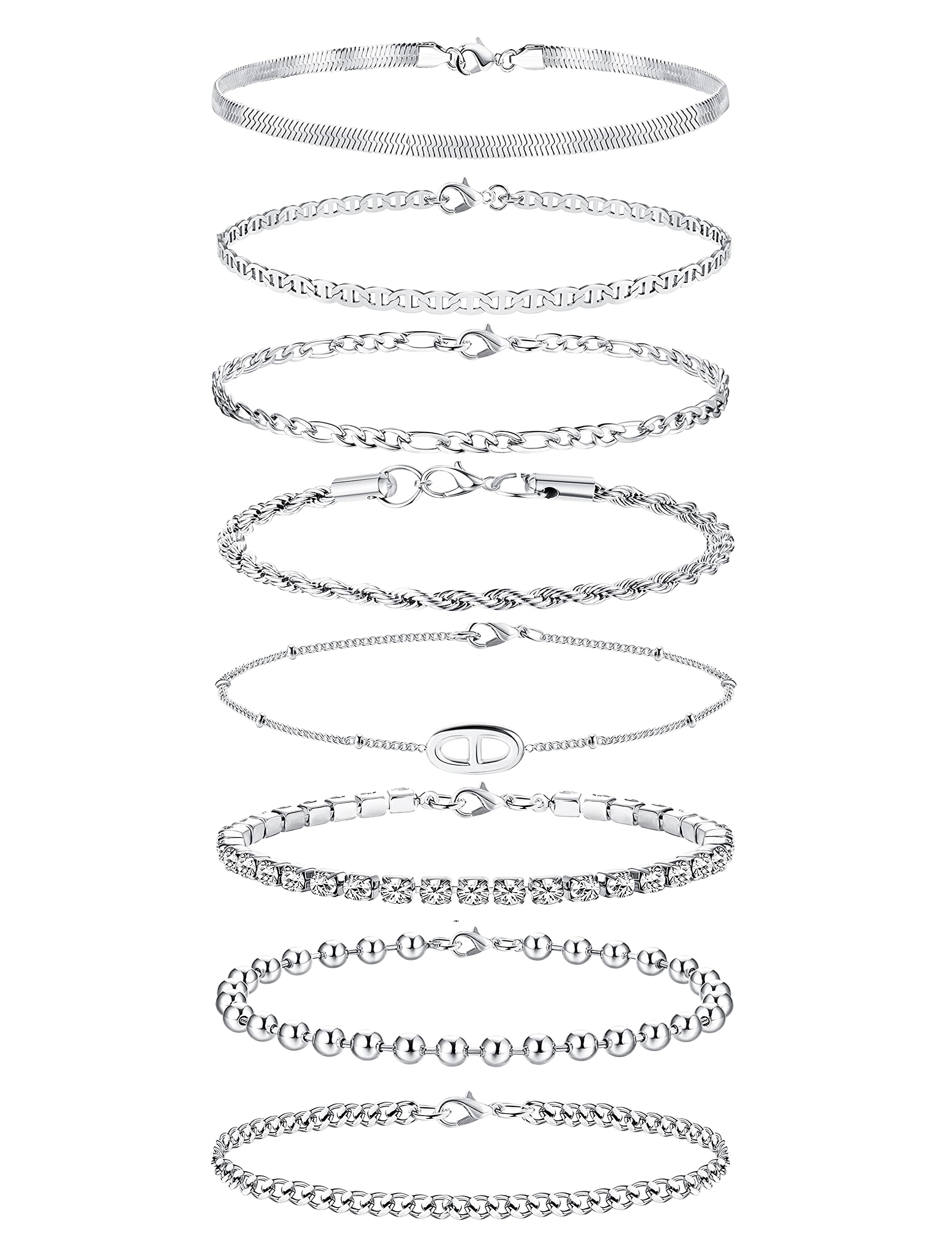 MILACOLATO8 Pulseras Brazalete De Cadena Para Mujer Ajustable Plata Oro, Acero Inoxidable Figaro Curb Twist Herringbone Bead Cadena Marina Zirconia Cúbica Pulsera De Tenis Tobillo Joyas, 16+5cm