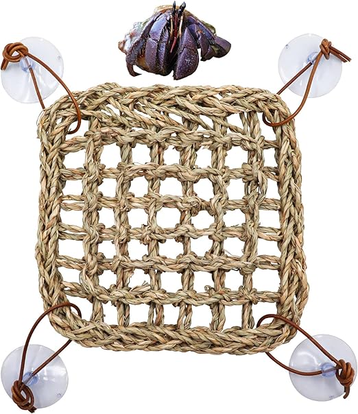 Hermit Crab Climbing Toys, Seagrass Mat Lizard Hammock with Suction Cup, Natural Seagrass Woven Net, Tank Accessories for Small Reptiles Hermit Crab Lizard Hamster Guinea Pig Rats 7.1 x 7.1 Inches